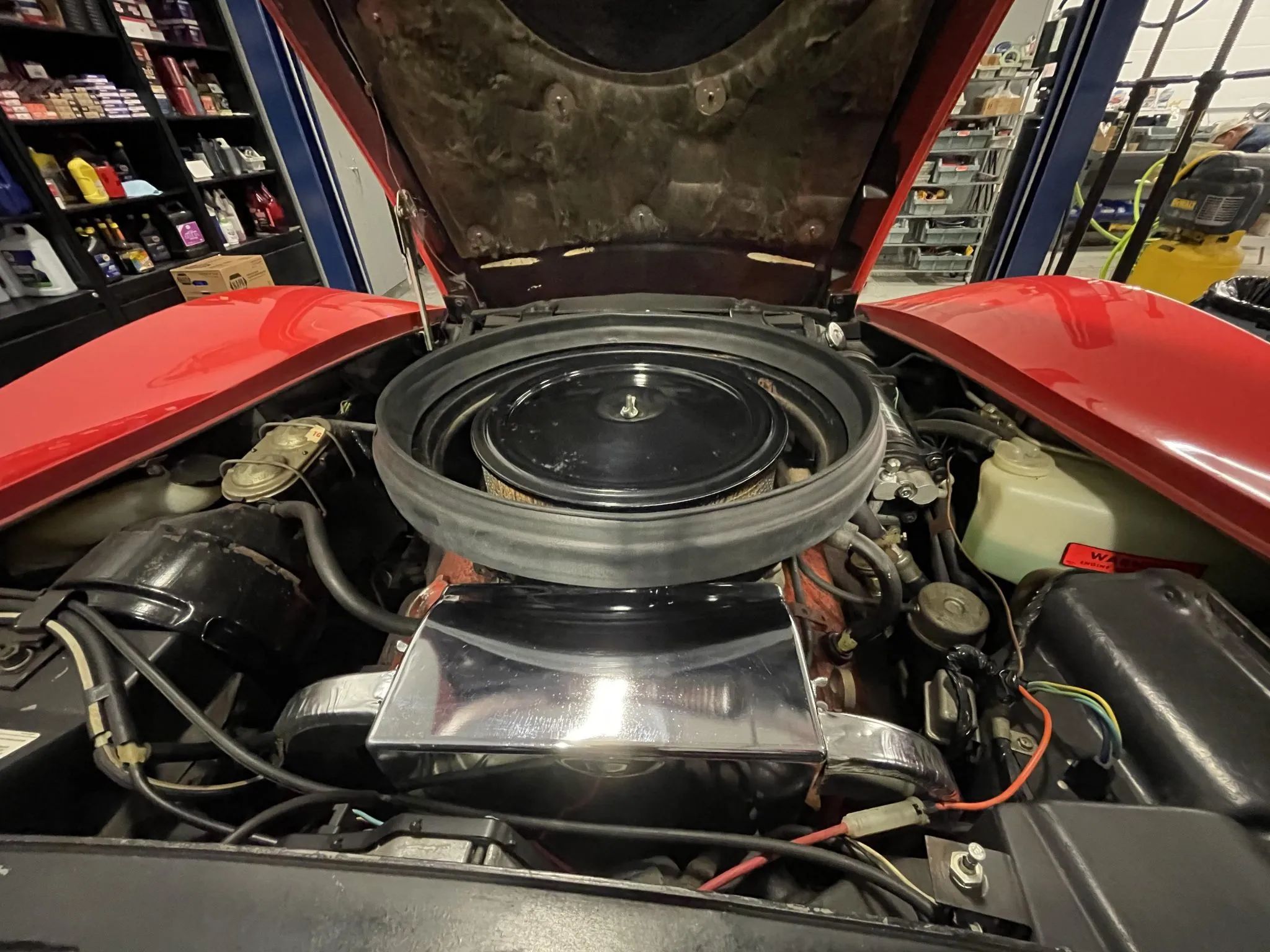 1975 Chevrolet Corvette L48 Convertible: Only 165 HP And Just 61 Miles On This Final-Year C3 Convertible 5 V-8 engine in a red 1975 Corvette