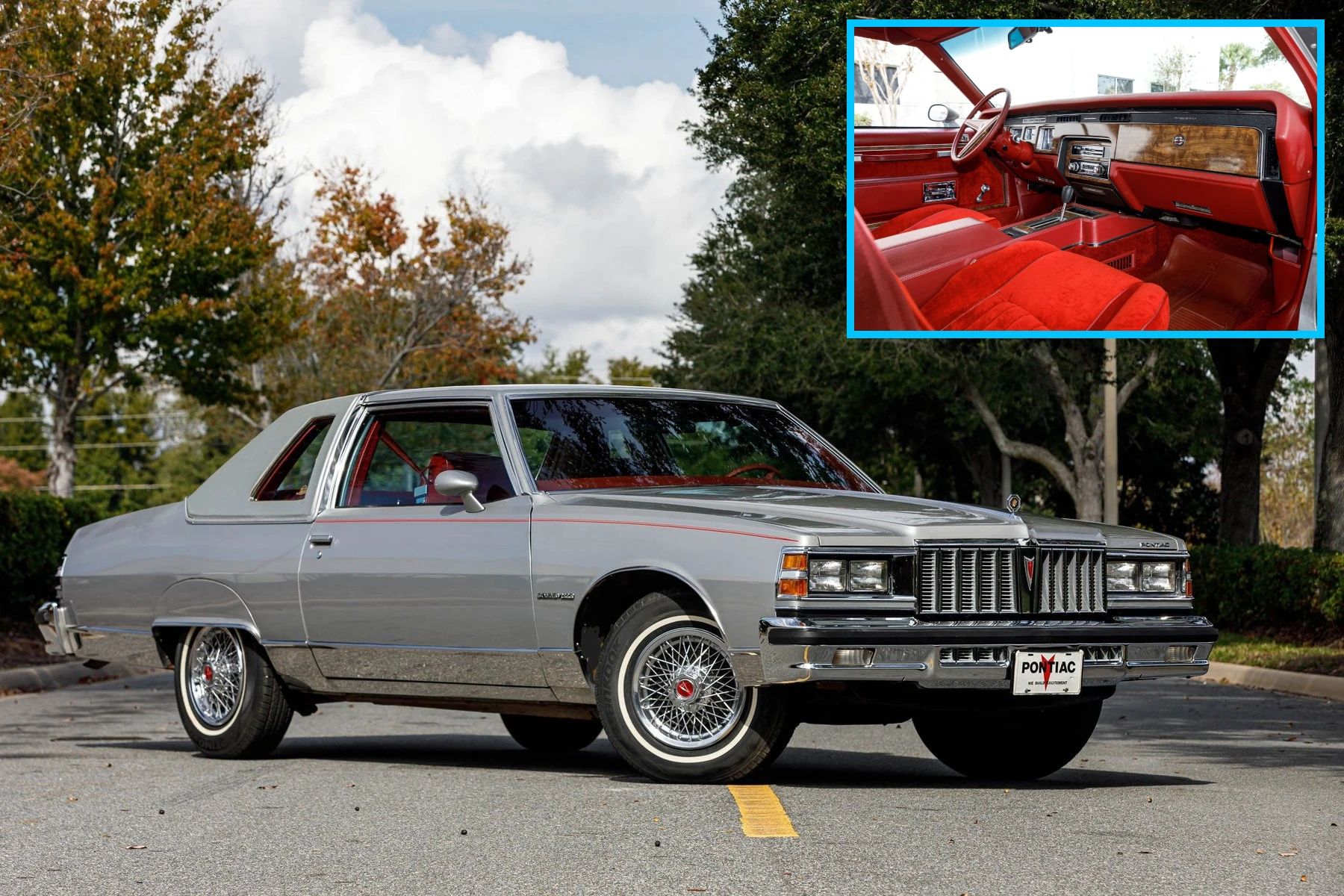 1979 Pontiac Bonneville Coupe: Rare And Plush Bucket Seat B-Body 1 Right front 3q view of a Platinum 1979 Pontiac Bonneville coupe in the middle of a street, with an inset showing its bucket seats and center console