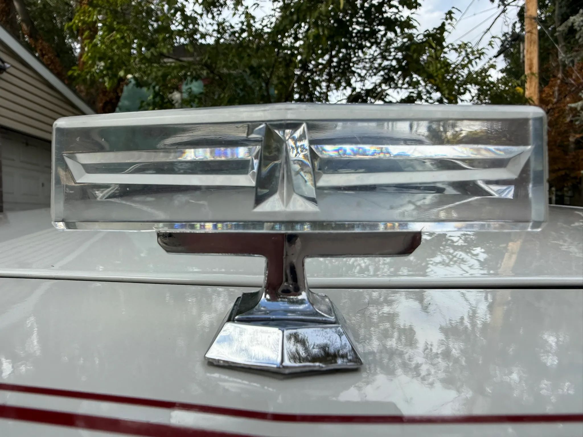 Closeup of the hood ornament on a 1982 Thunderbird