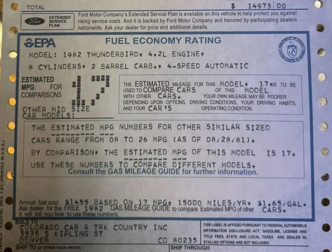 Window sticker of a 1982 Thunderbird showing the 17 mpg EPA city rating