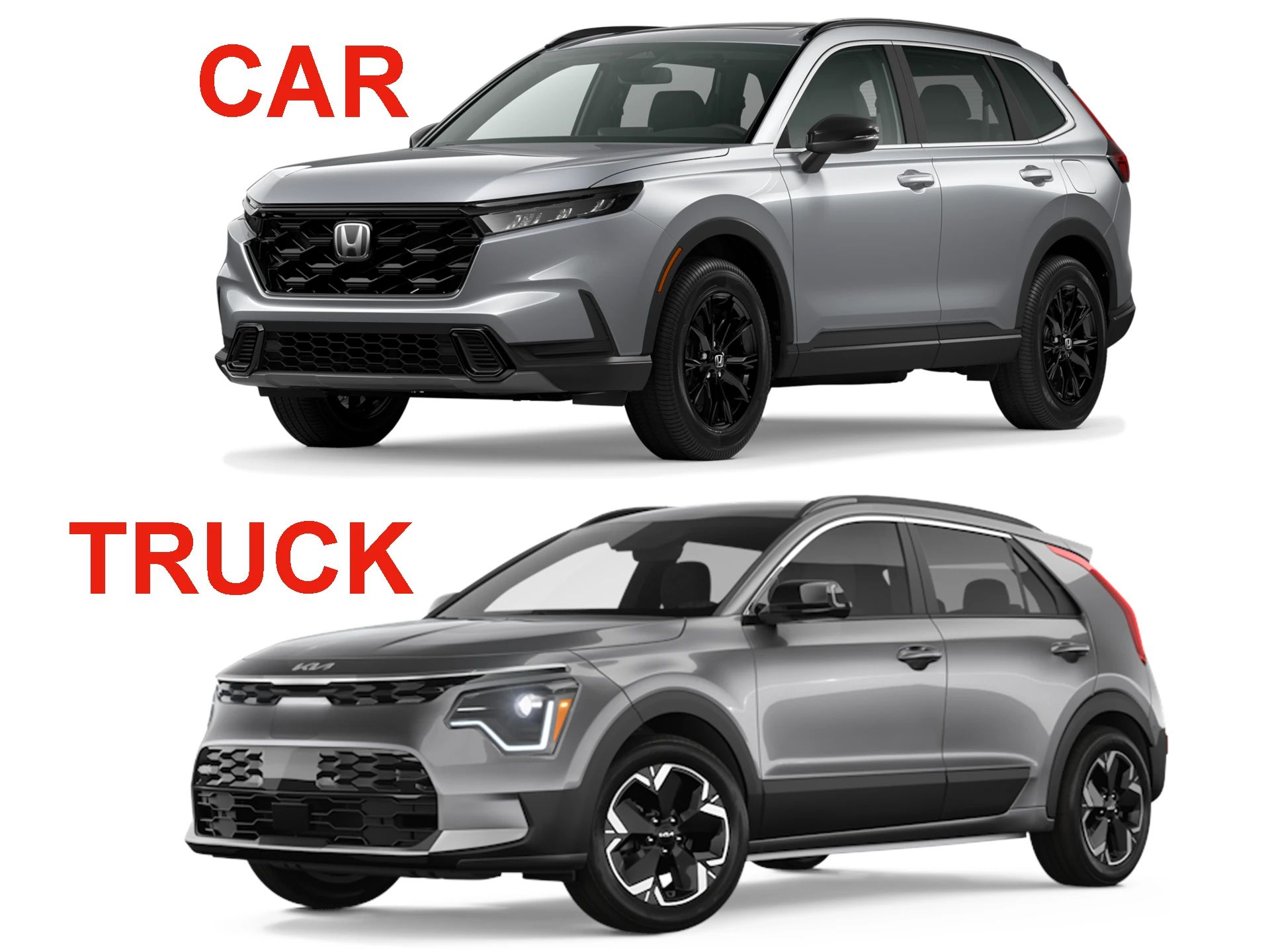 What's The Difference Between A Car And A Truck These Days? Here's How The NHTSA And EPA Define It 1 Composite image showing front 3q photos of a silver 2026 Honda CR-V, labeled "CAR," and a gray 2026 Kia Niro, labeled "TRUCK"