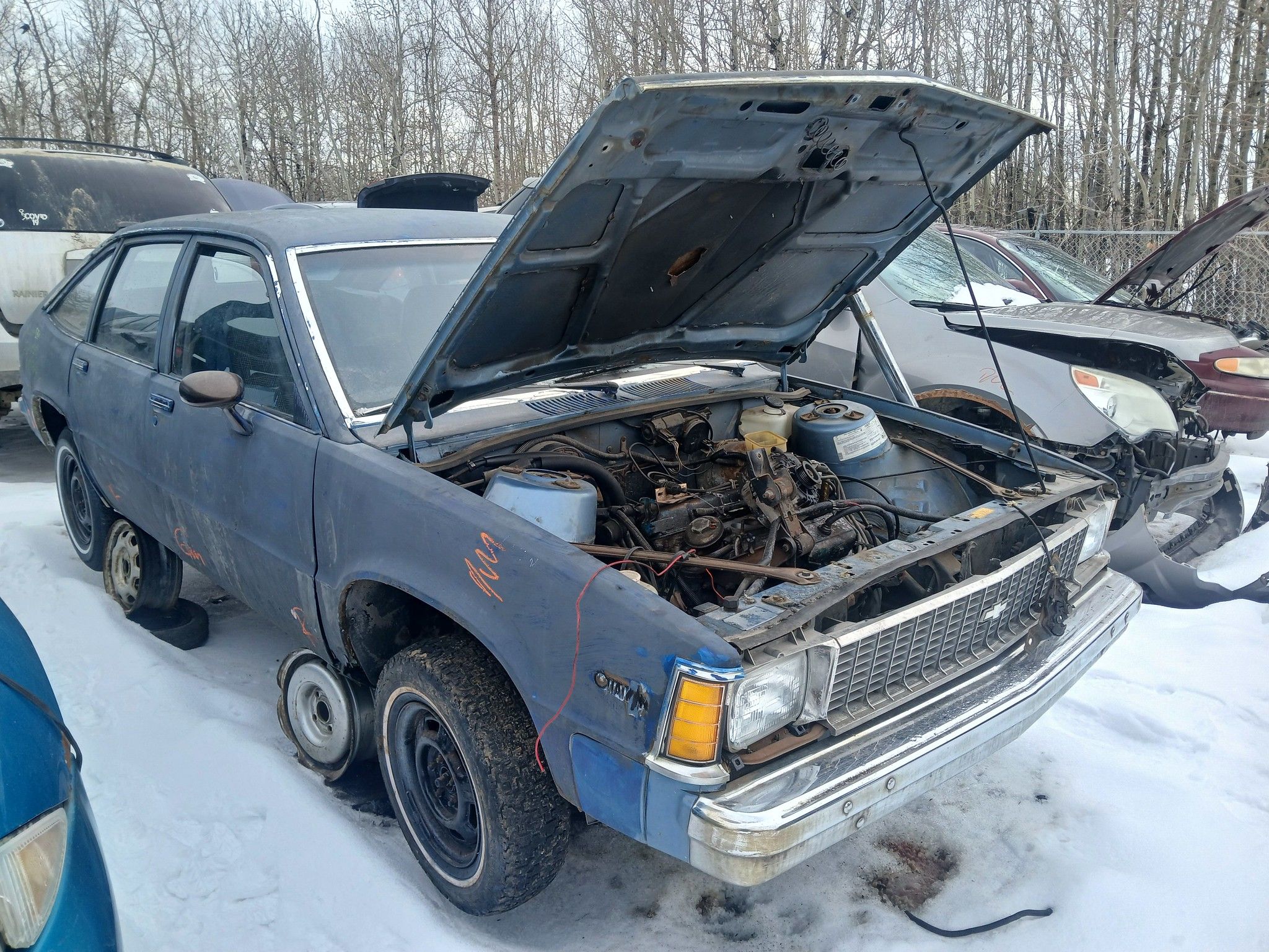 Blue 1980 Chevy Citation from passenger front three-quarter view