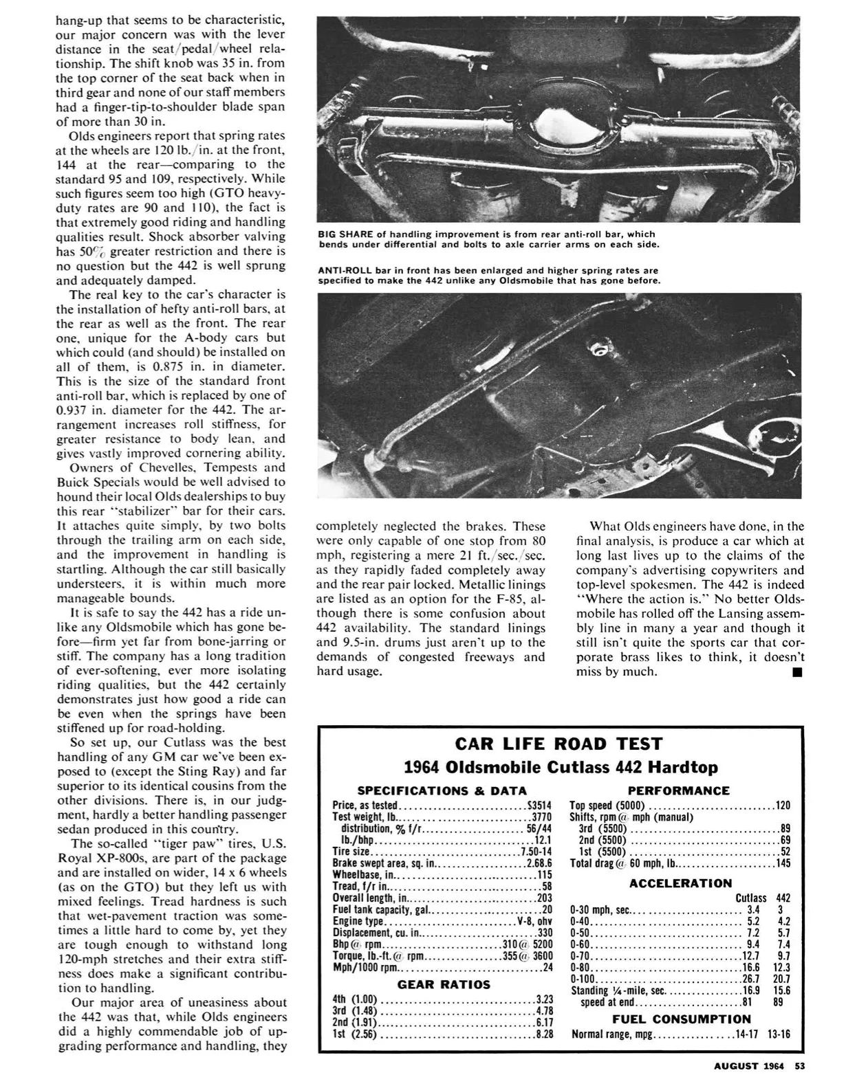 Car Life, August 1964, page 53, second page of Oldsmobile Cutlass 442 short take, with inset photos of the 442 suspension and the abbreviated road test data panel
