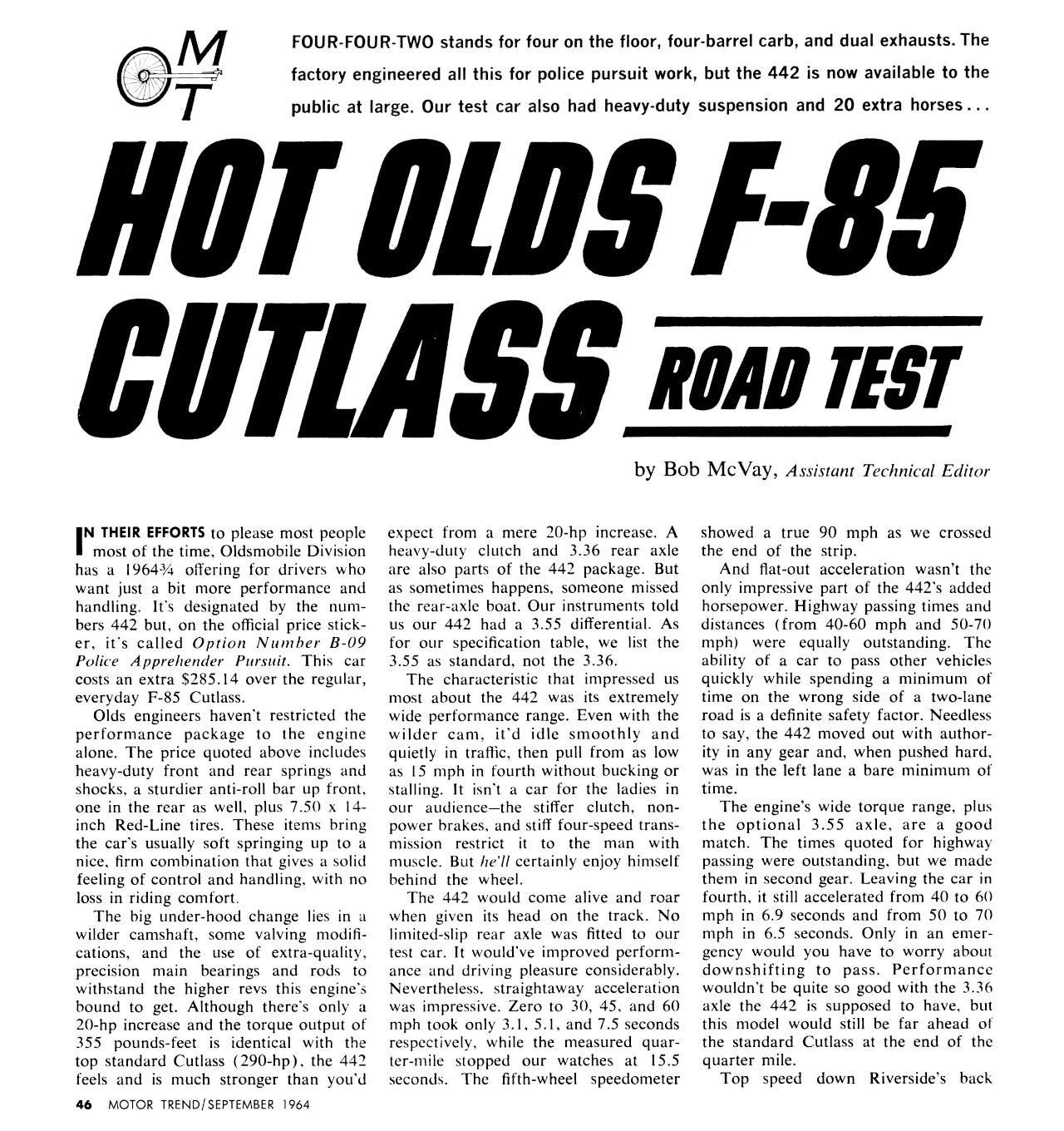 Motor Trend, September 1964, page 46, with headline "Hot Olds F-85 Cutlass Road Test" above the main text