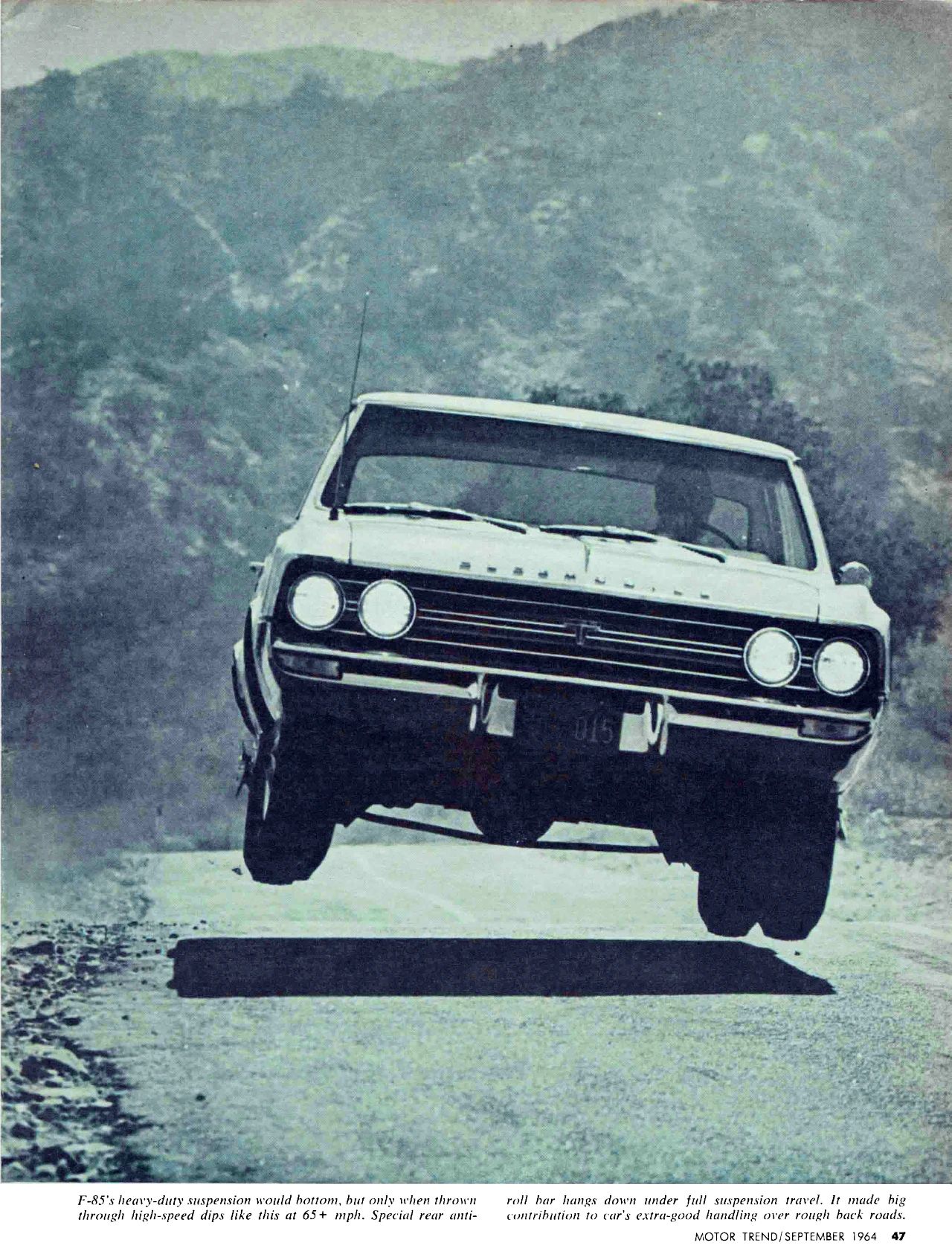 Motor Trend, September 1964, page 47, with a B&W photo of a 442 catching air on a mountain road; no main text