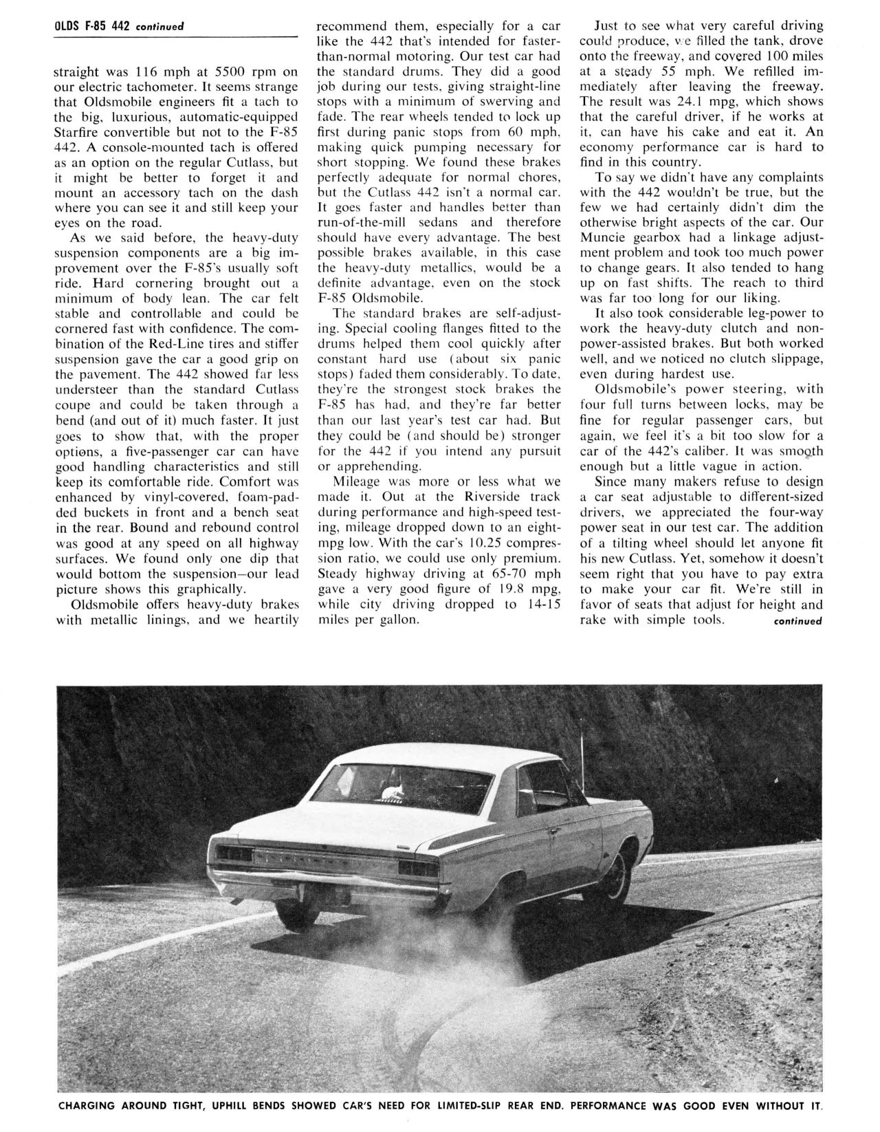 Motor Trend, September 1964, page 48, continuing the Cutlass 442 road test, with a photo below the text of the rear 3q view of the car on a curving road