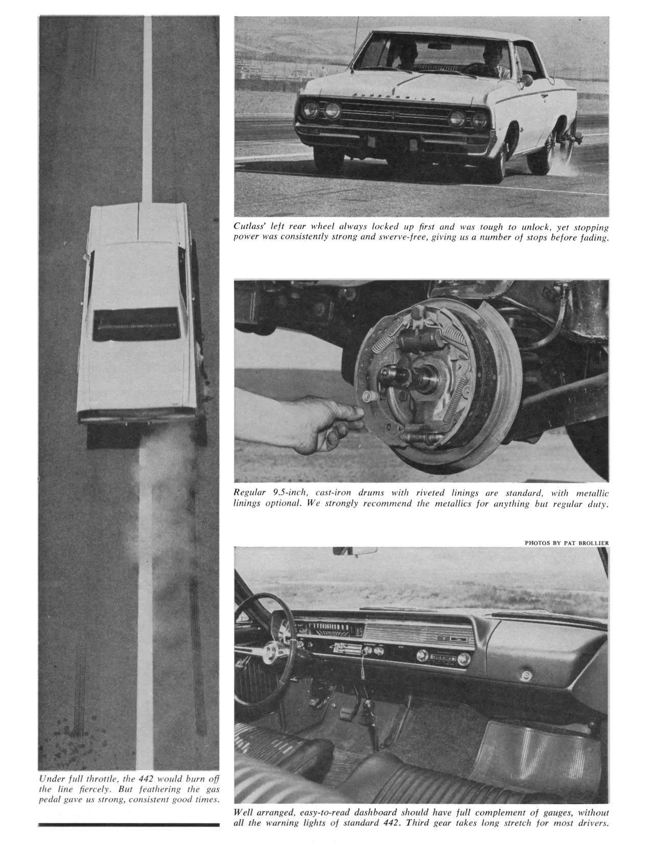 Motor Trend, September 1964, page 49, four photos of the Olds Cutlass 442 test car, showing it on a drag strip and in braking tests, with closeups of the drum brake and dashboard