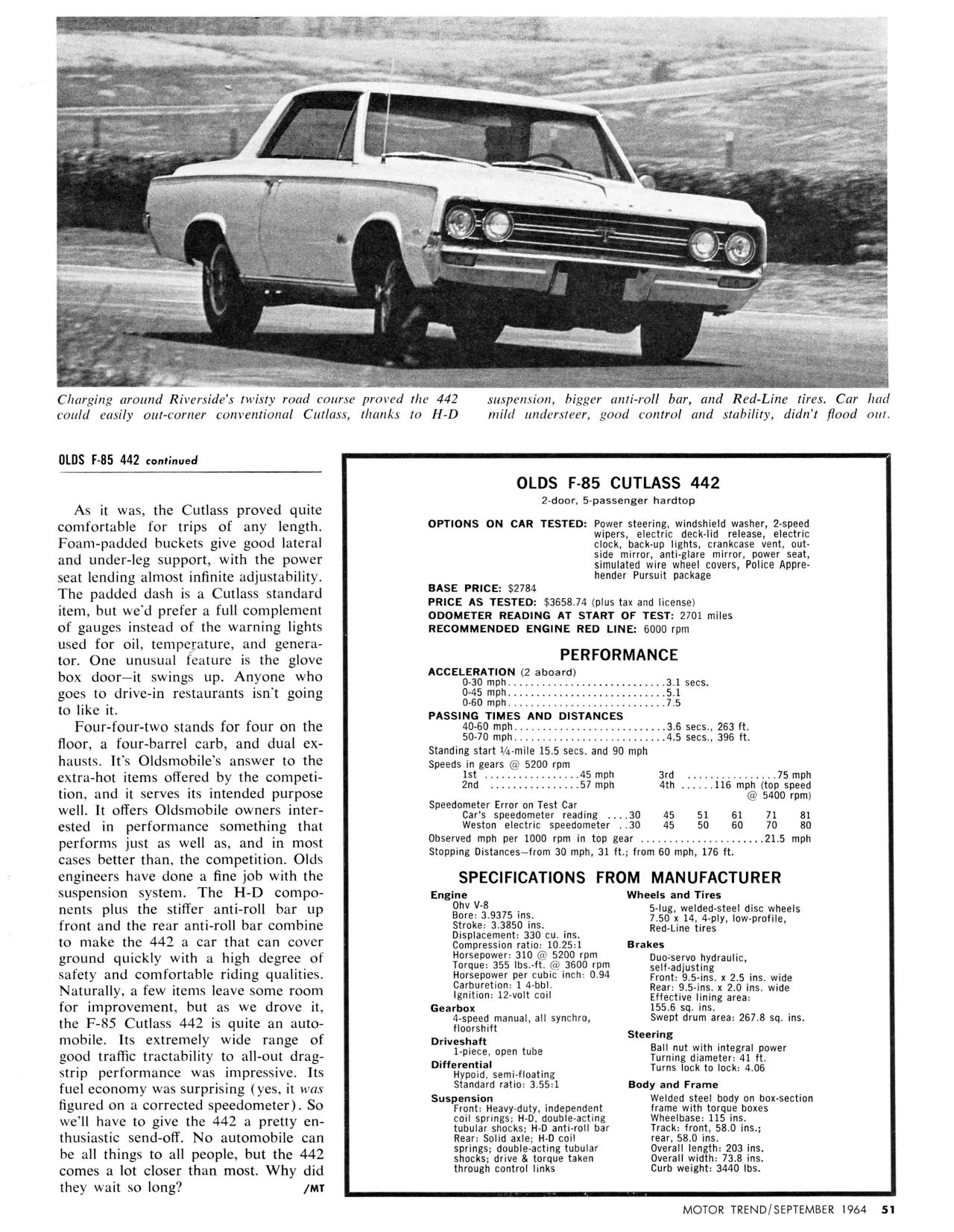 Motor Trend, September 1964, page 51, final page of the Cutlass 442 road test, with the final column of text and the data panel under a photo of the car on a road course at Riverside