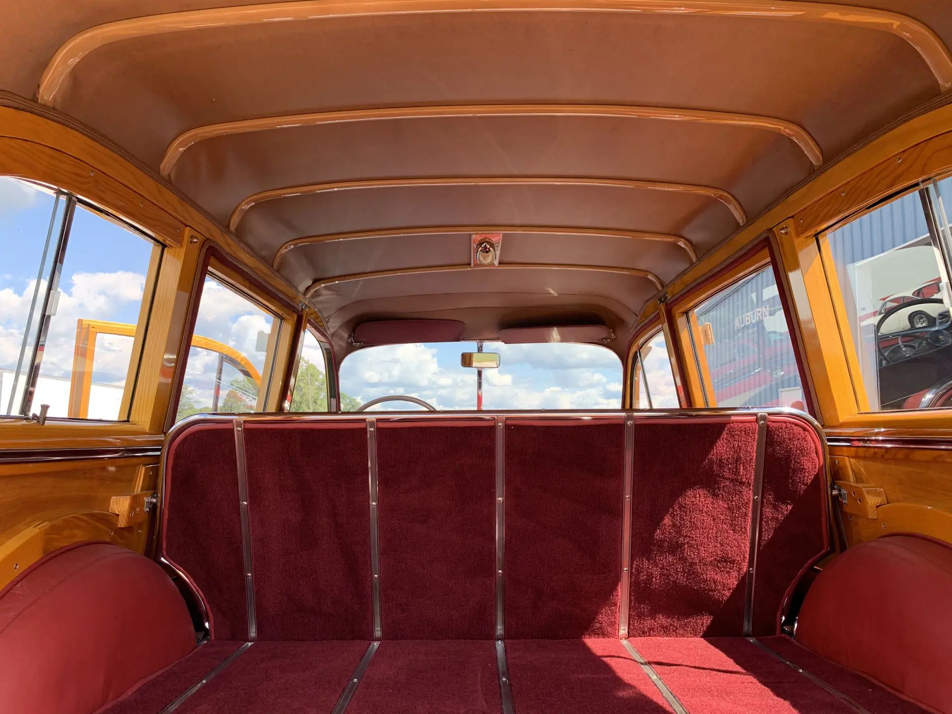 Cargo area of a 1949 Oldsmobile station wagon, seen from the rear looking forward