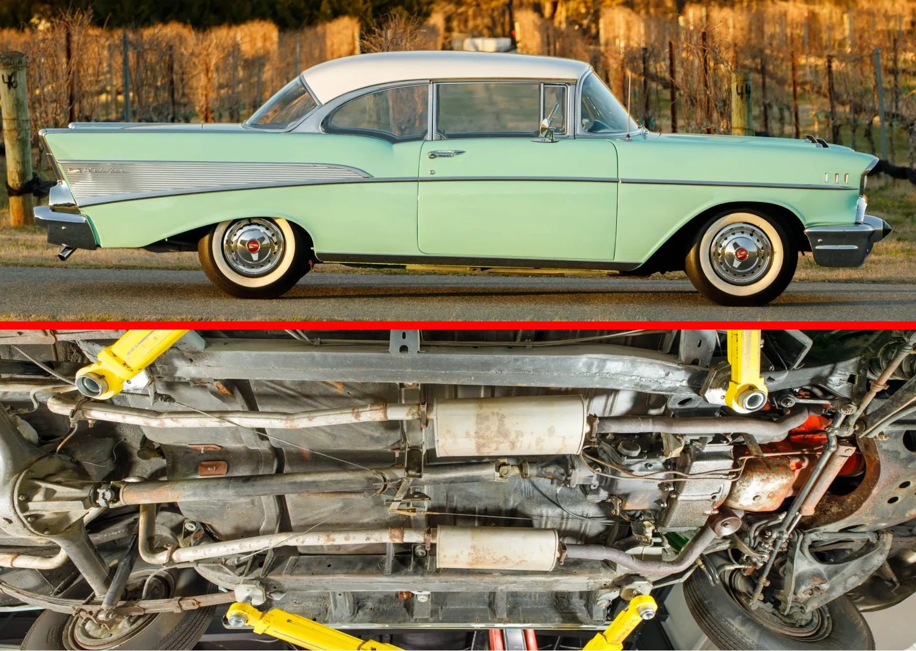 Composite photo showing the right side of a Surf Green 1957 Chevrolet Bel Air two-door hardtop with an India Ivory roof, above an underbody shot showing the same car's dual exhaust system