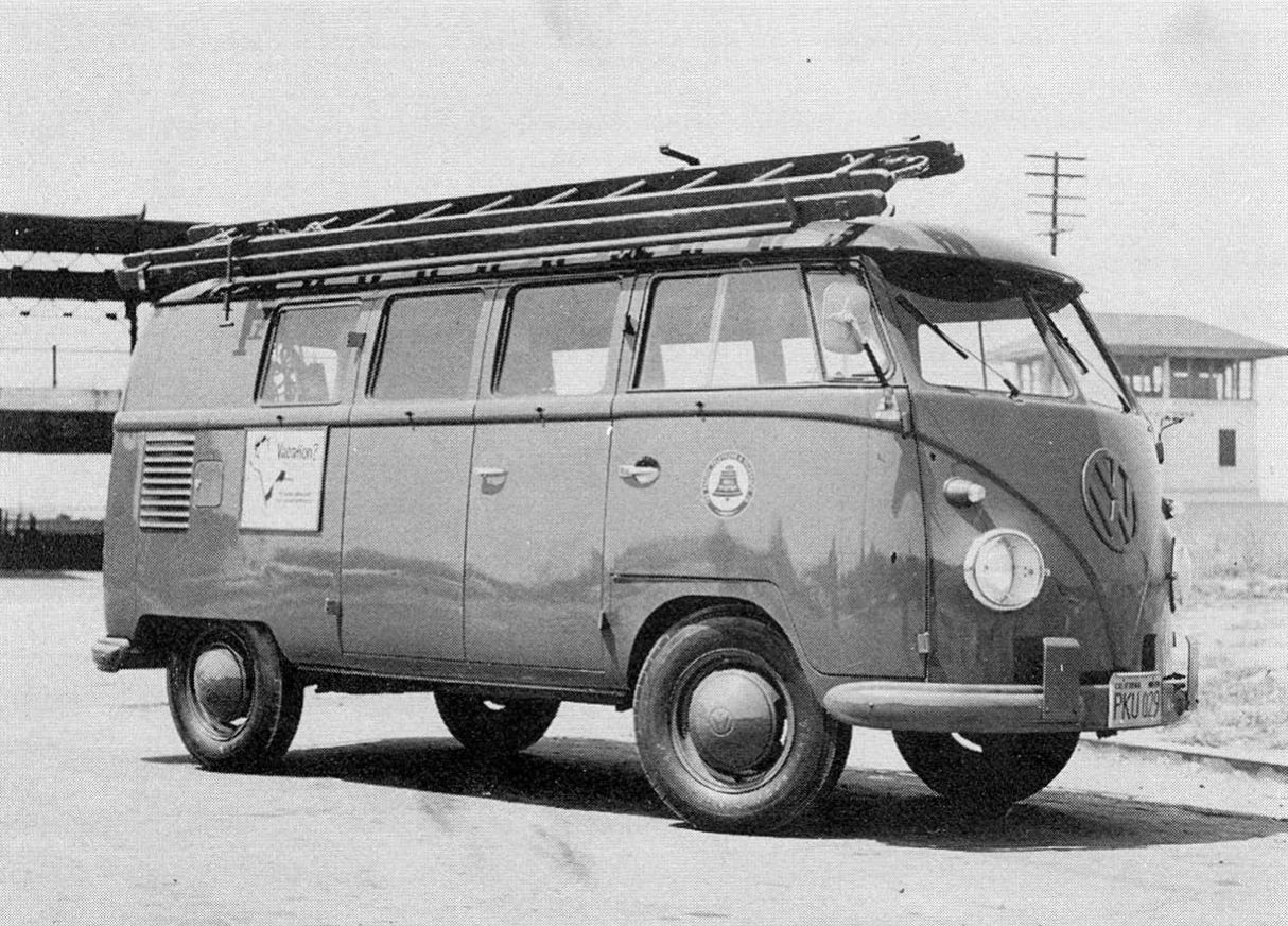 1963 Chevrolet Corvair 95 Rampside Pickup: So Clever It Even Outsmarted Itself 5 B&W photo of a Volkswagen Type 2 bus in Bell Tellephone livery
