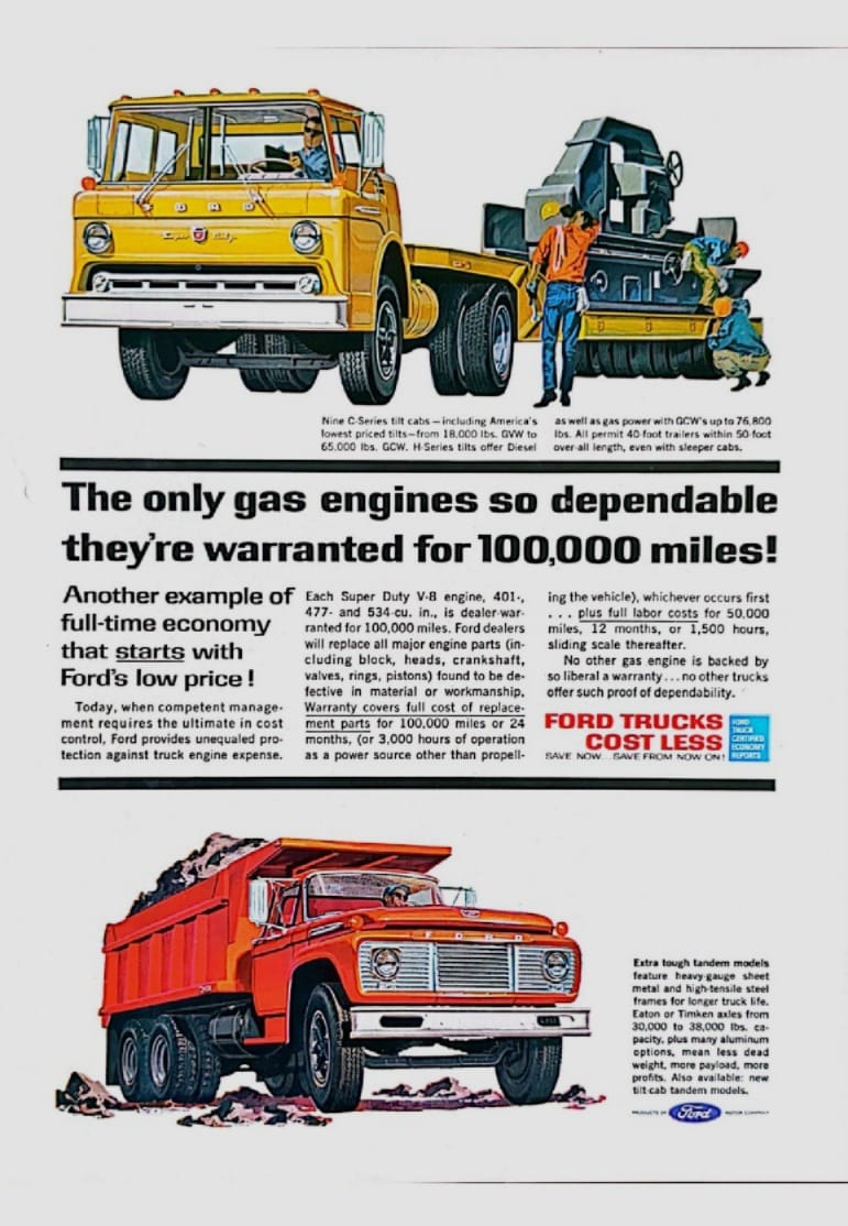 1962 Ford Trucks: A Mix Of Forgotten And Obsolete Engines, Including The "Other" 302 4 Advertisement picturing a yellow 1962 Ford C-Series truck and a red Ford dump truck