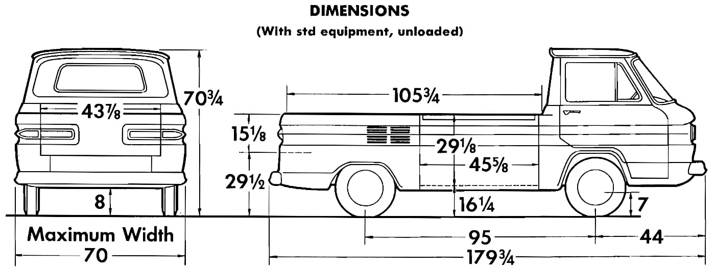 1963 Chevrolet Corvair 95 Rampside Pickup: So Clever It Even Outsmarted Itself 9 Line drawings illustrating the exterior dimension of a 1963 Chevrolet Corvair 95 Rampside pickup