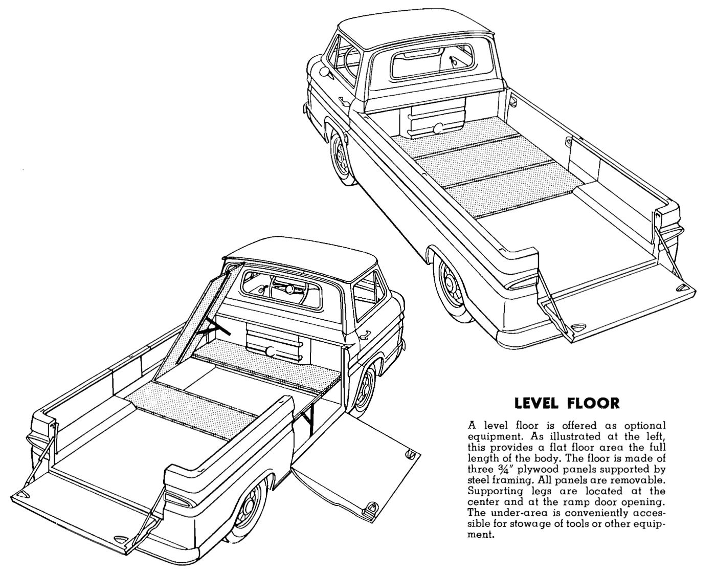 1963 Chevrolet Corvair 95 Rampside Pickup: So Clever It Even Outsmarted Itself 25 Line drawing of Corvair 95 Rampside with the three-part level floor option
