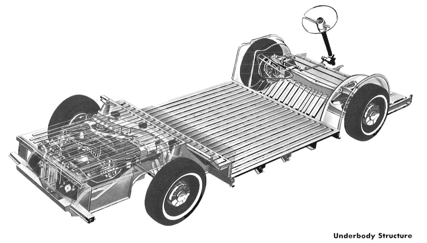 1963 Chevrolet Corvair 95 Rampside Pickup: So Clever It Even Outsmarted Itself 6 B&W illustration of the corrugated platform chassis of the Corvair 95