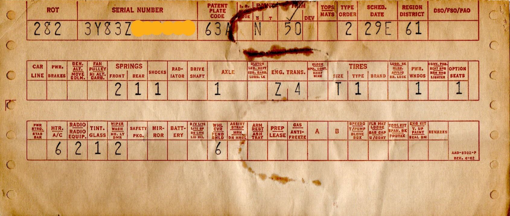 Deciphering The Build Sheets Of A 1960s Ford Thunderbird And Lincoln Continental 3 Scan of 1963 Thunderbird build sheet