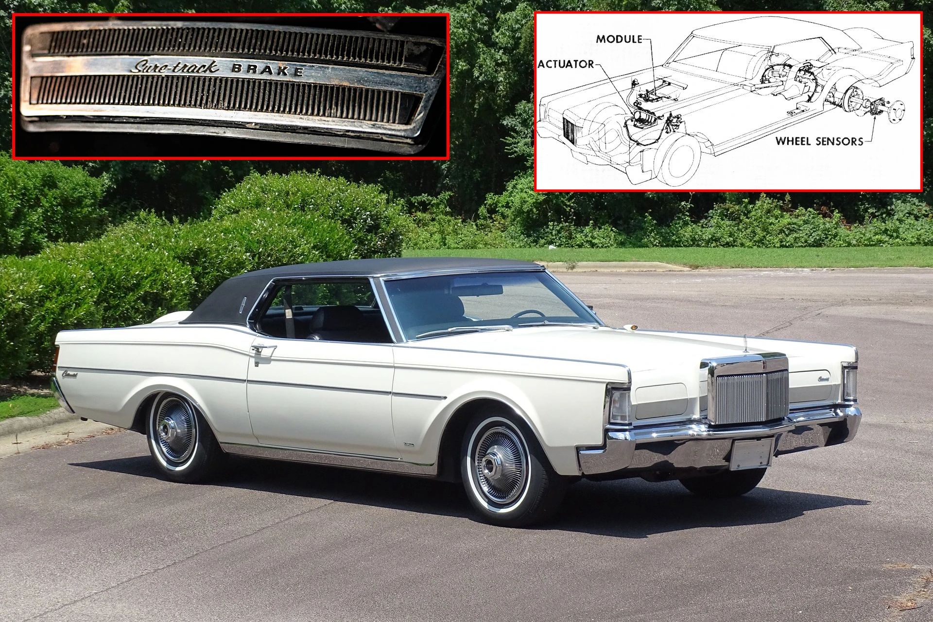 1969–1979 Ford–Kelsey-Hayes Sure-Track Brake System: Detroit's First Antilock Brakes 1 Photo of a white 1969 Lincoln Continental Mark III with inset boxes showing a Sure-Track Brake pedal and a schematic of the Sure-Track components