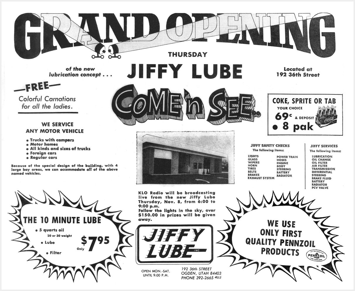 Early Quick Lube And Oil Change Shops: Take Your Car To the “Lubritorium” -- The Grimy History Of Two Obsolete Terms 21 1973 Jiffy Lube Ad