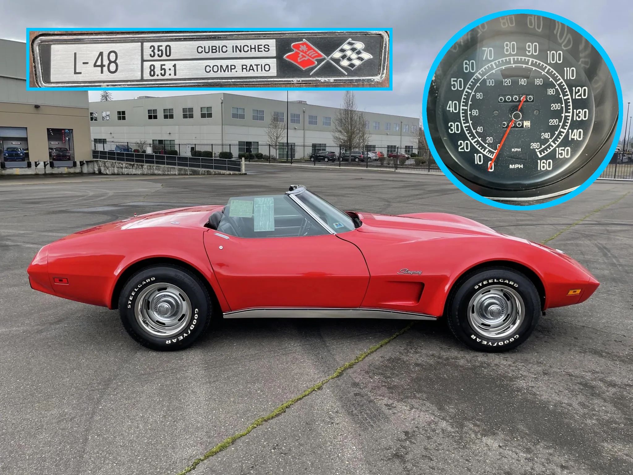 1975 Chevrolet Corvette L48 Convertible: Only 165 HP And Just 61 Miles On This Final-Year C3 Convertible 1 Right side view of a Mille Miglia Red 1975 Chevrolet Corvette convertible with its top down, with insets showing the L48 console badge and the odometer with only 60 miles on it