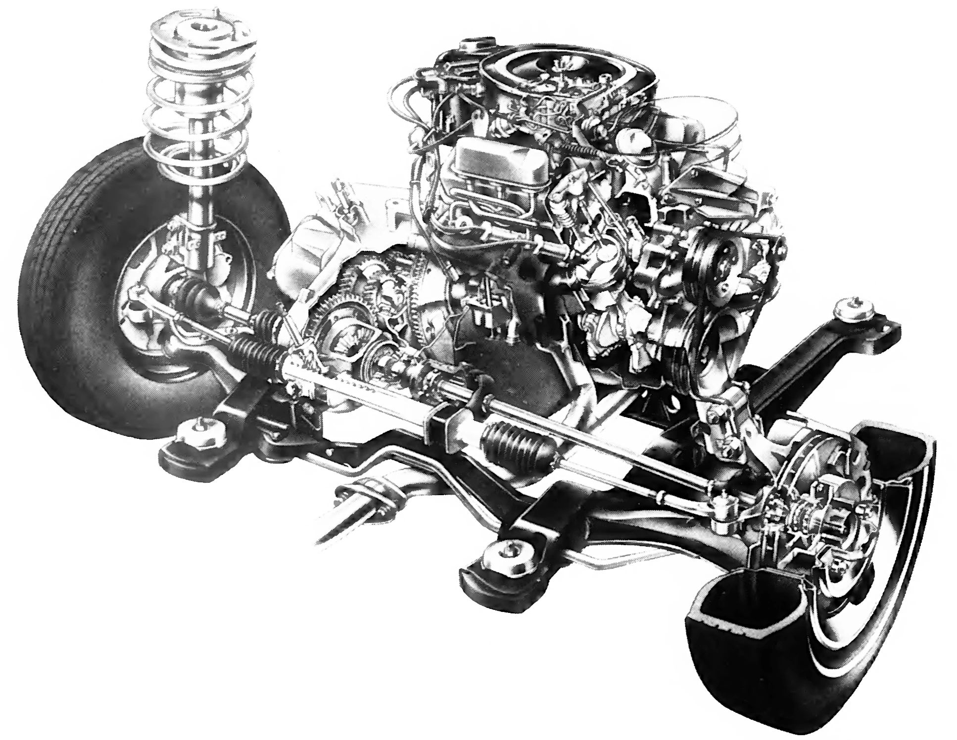 1981 Chevrolet Citation 4-Speed Hatchback: A Well-Preserved Example Of GM's Greatest Failure 8 B&W partial cutaway of the front suspension and transverse powertrain of a 1980 GM X-car with the V-6 engine