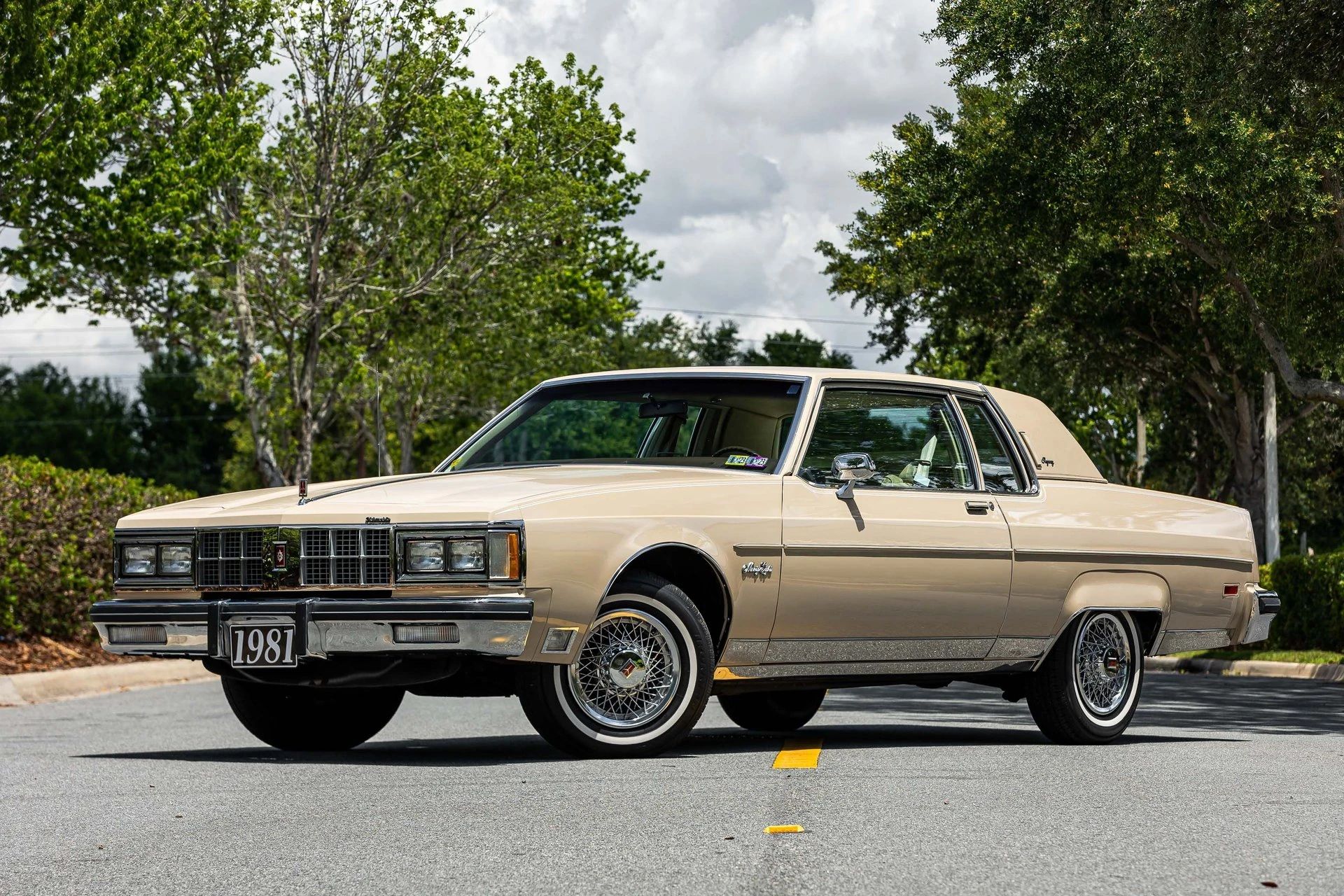 Left front 3q view of a Sandstone Beige 1981 Oldsmobile Ninety-Eight Regency Coupe