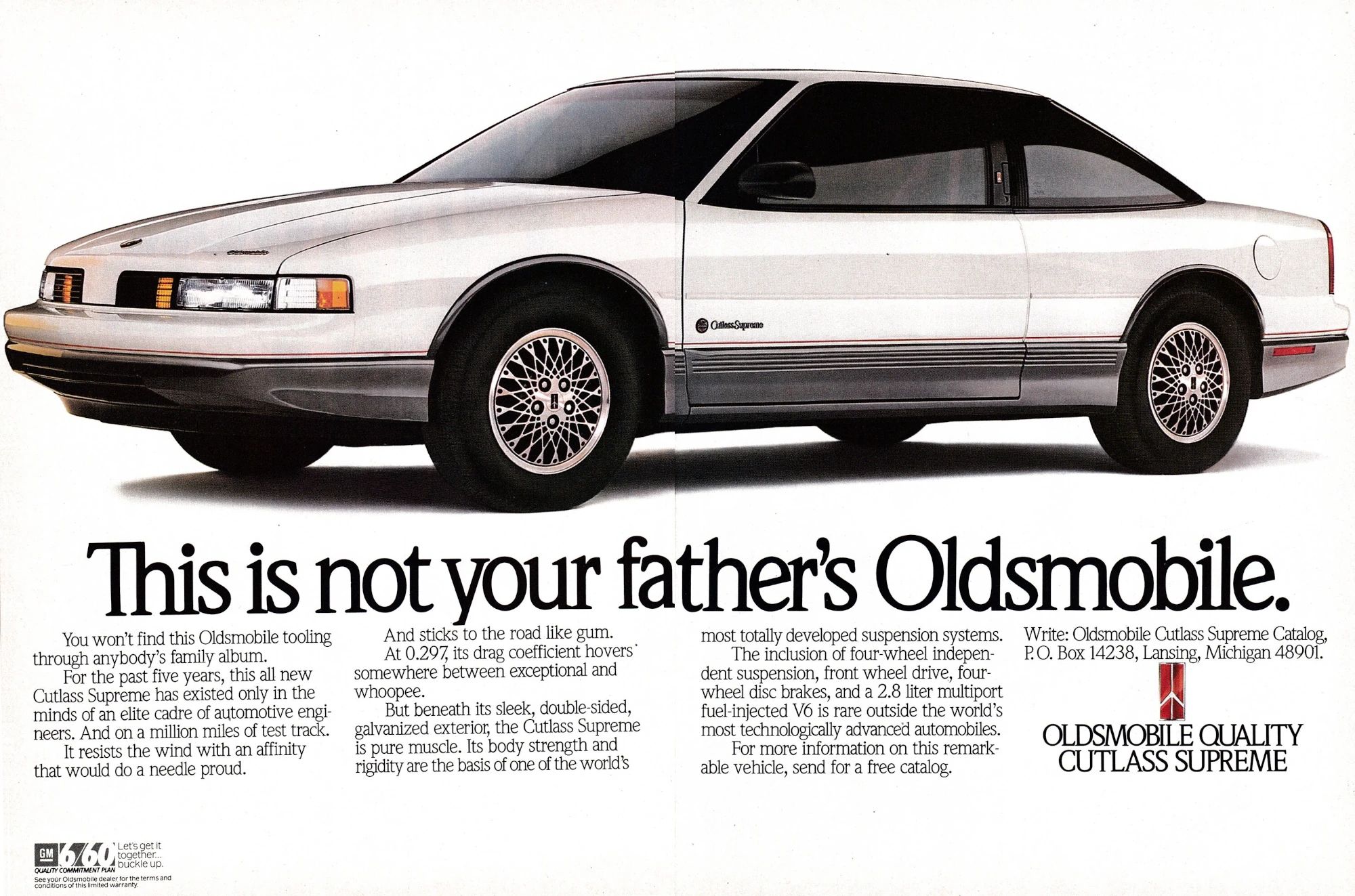 1981 Oldsmobile Cutlass Supreme Coupe: Still America's Favorite Intermediate, But No Longer Supreme 18 Two-page ad showing a white 1988 FWD Oldsmobile Cutlass Supreme Coupe with the headline "This is not your father's Oldsmobile."