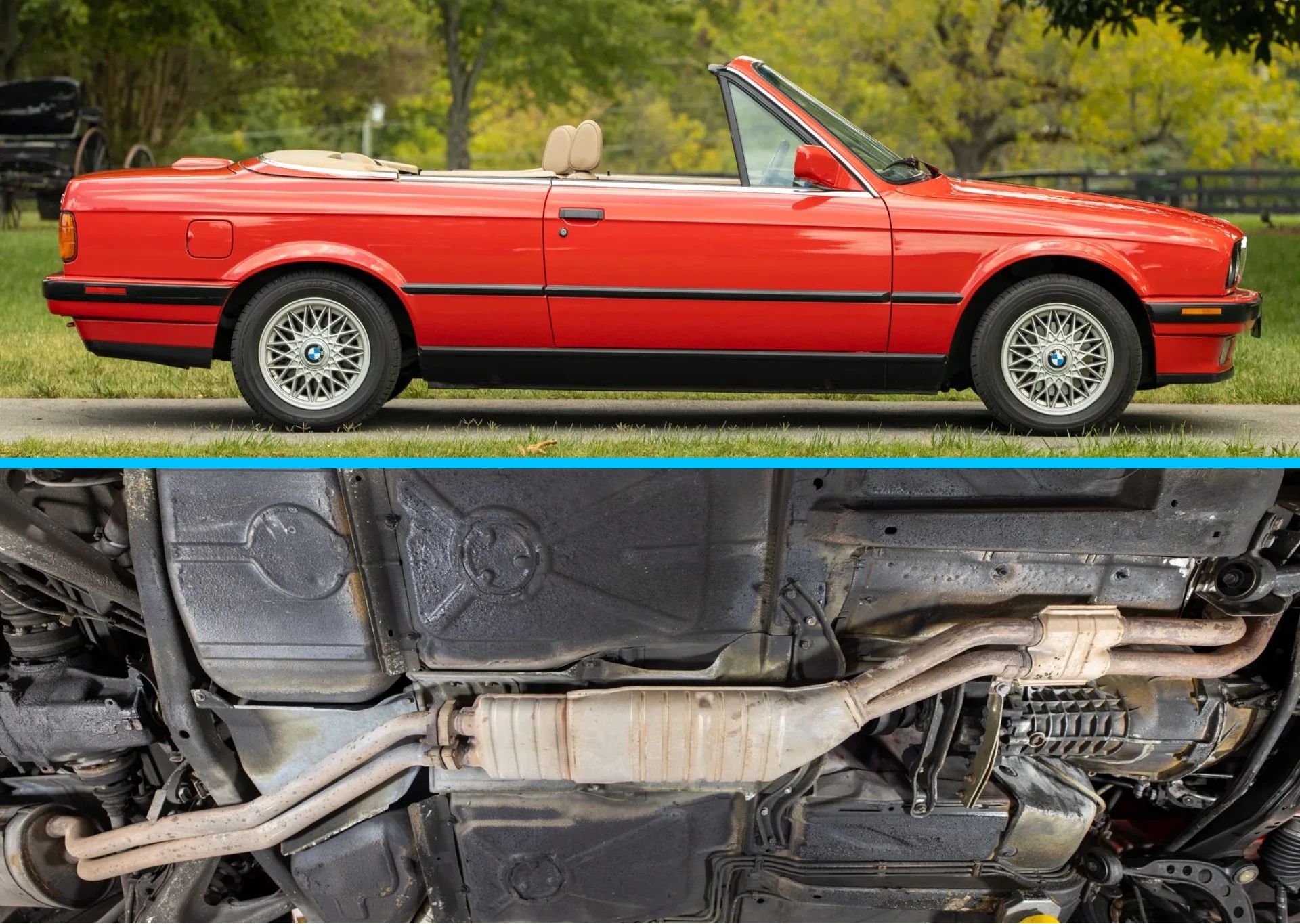 Right side view of a Brilliant Red 1993 BMW 3-Series convertible with its top down, above an image of the car's dual exhaust system