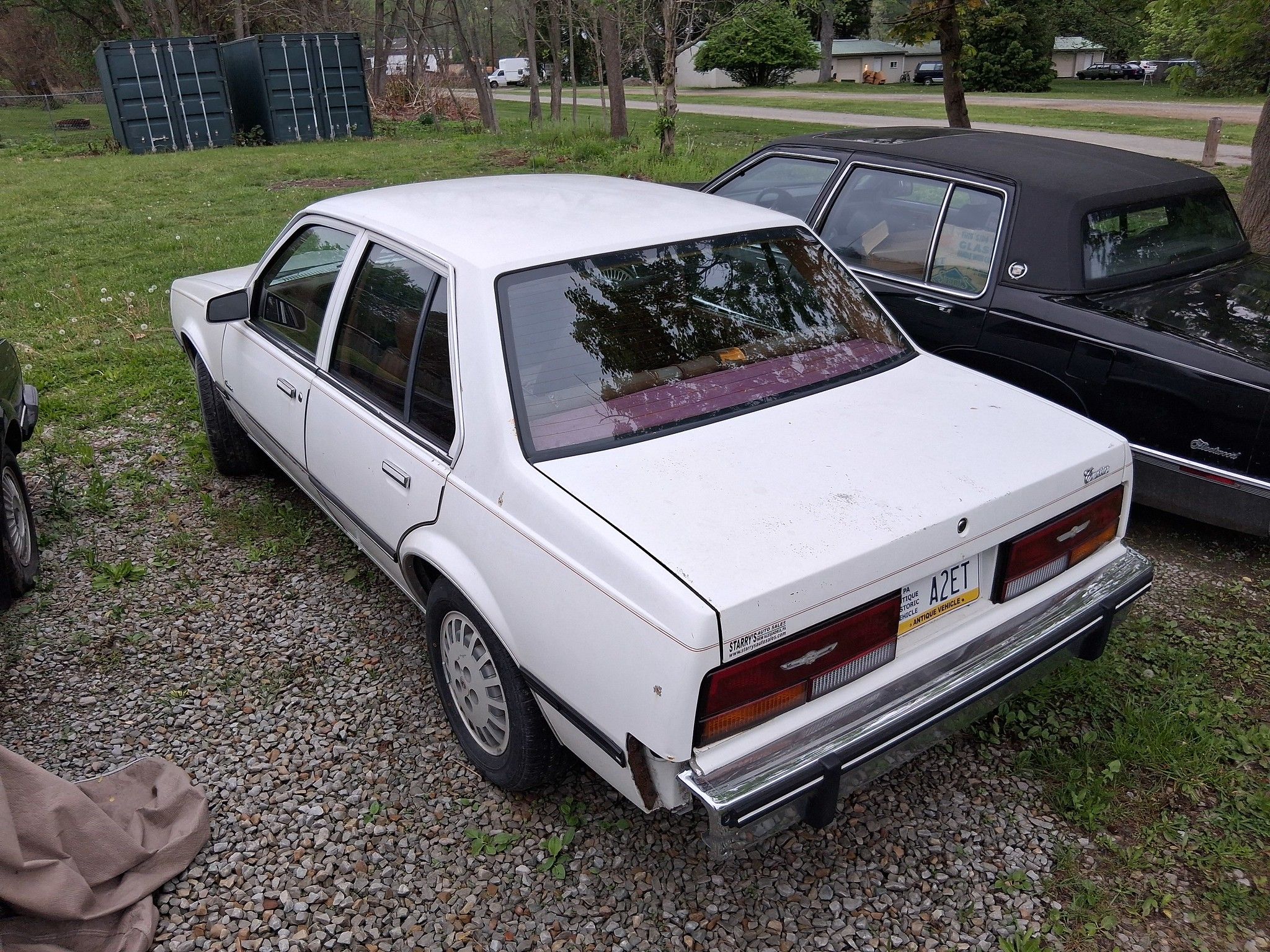 Upper rear driver's three-quarter view of white 1985 Cadillac Cimarron