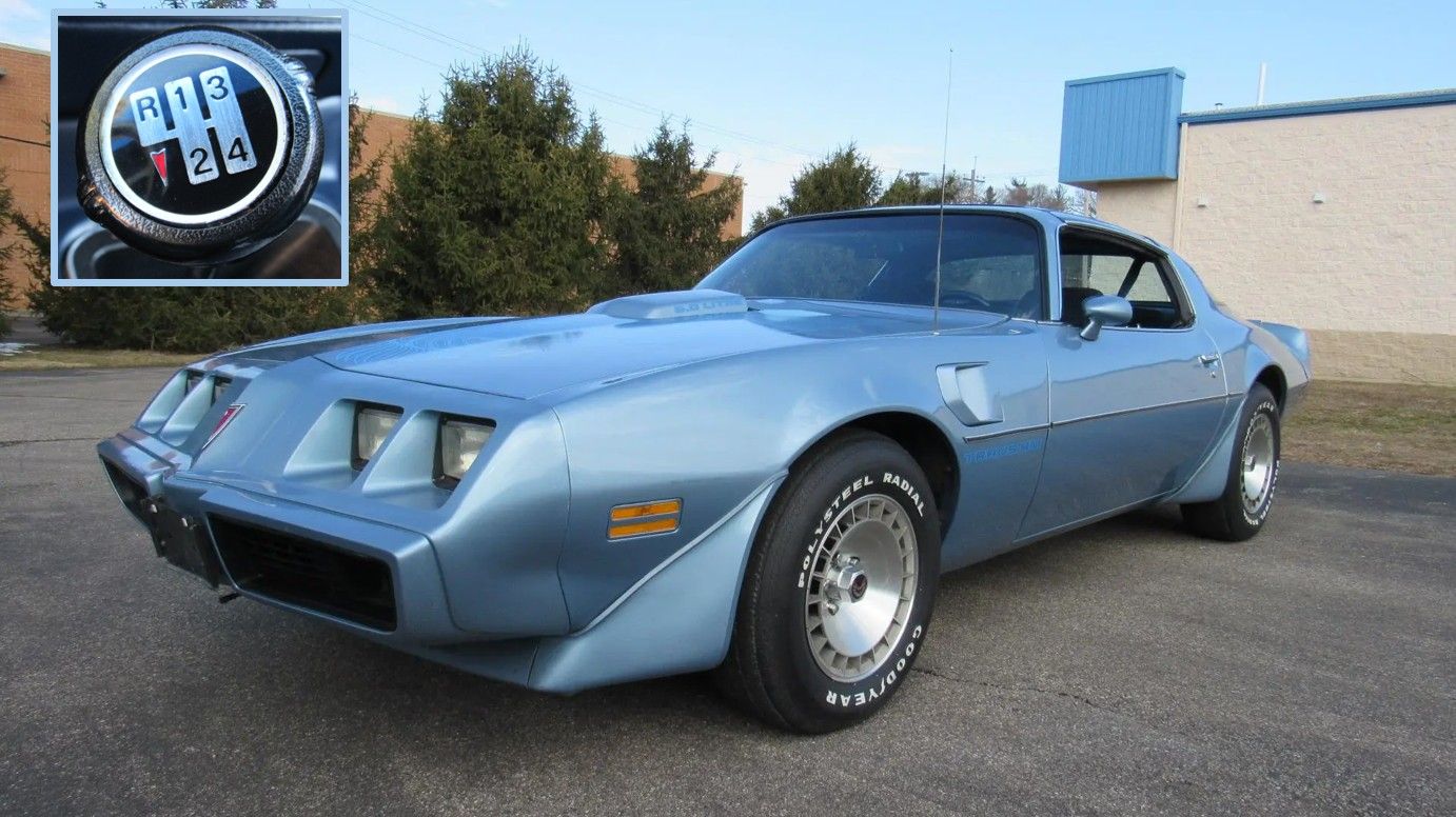 1981 Pontiac Firebird Trans Am: The Four-Speed Option Prepared Buyers For A Chevy-Powered Future 1 Driver's side three-quarter view of blue 1981 Trans Am with four-speed shifter inset