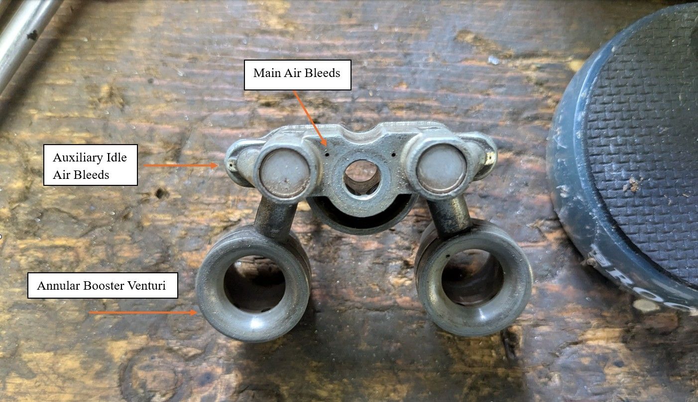 Top of Autolite 2100 carburetor venturi cluster