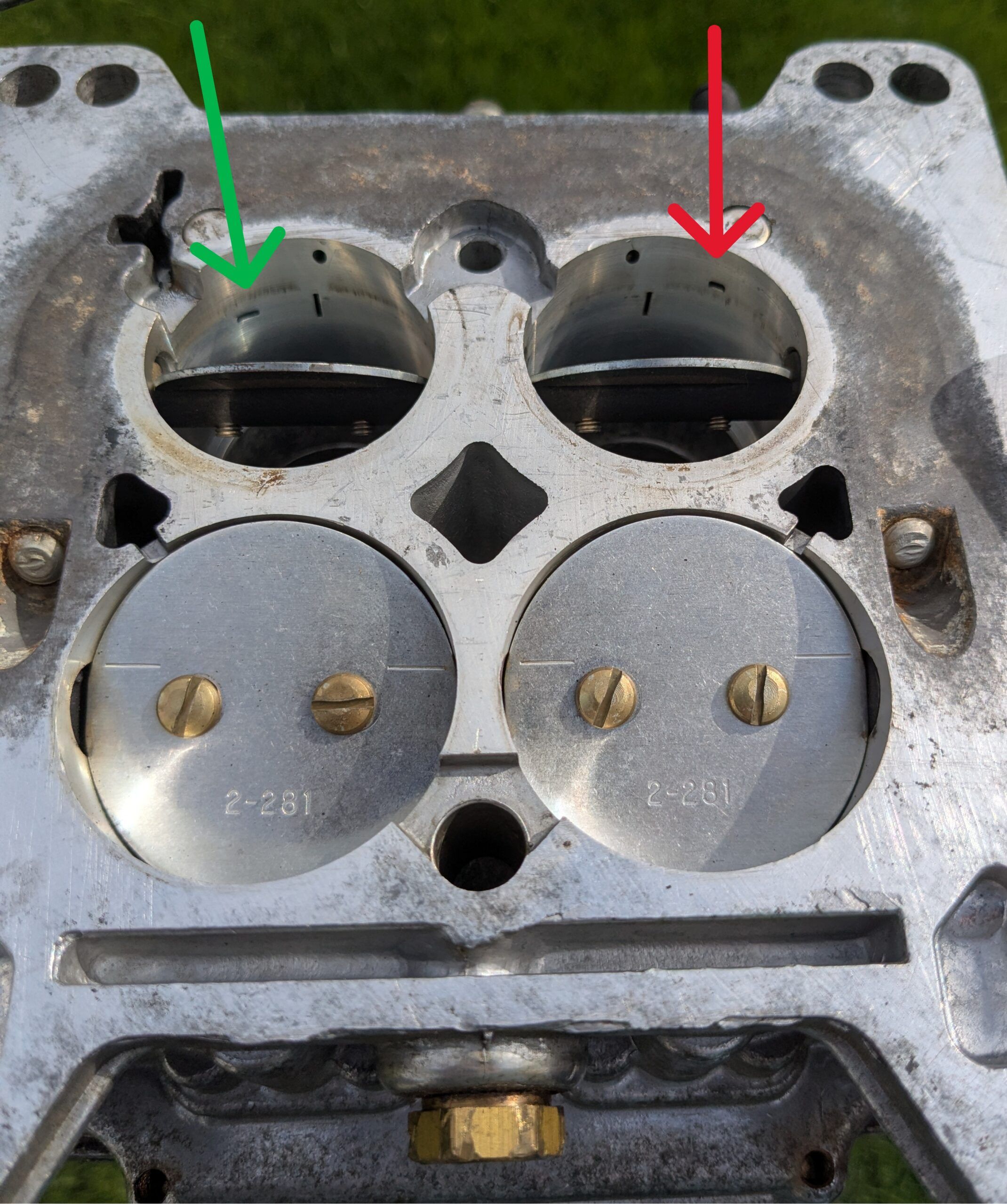 Image of the vacuum advance ports on an Edelbrock four-barrel carburetor