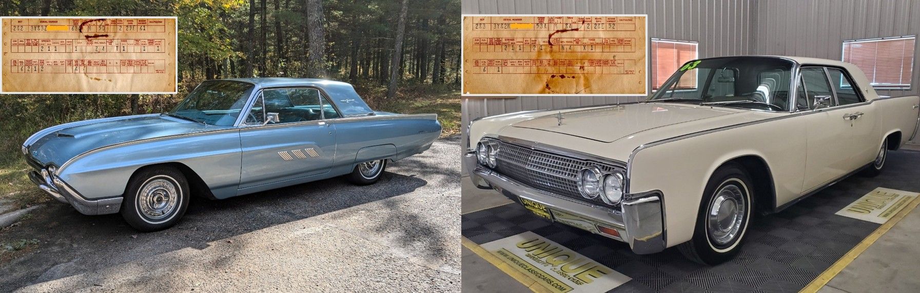 Deciphering The Build Sheets Of A 1960s Ford Thunderbird And Lincoln Continental 1 Side-by-side image of blue 1963 Ford Thunderbird and white 1963 Lincoln Continental with their matching build sheets
