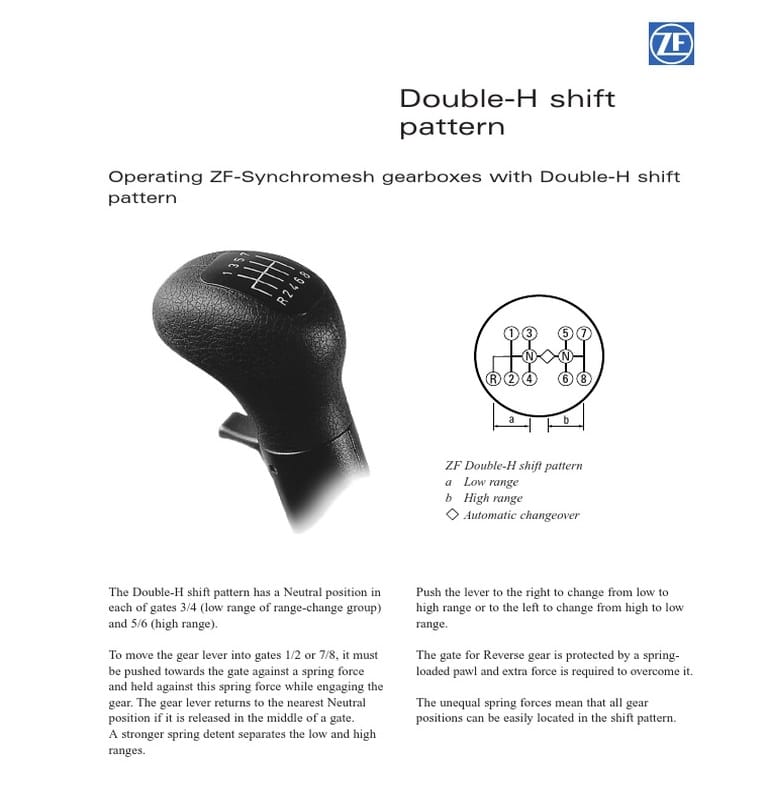 ZF Ecosplit 16-speed transmission, double-H shifting pattern
