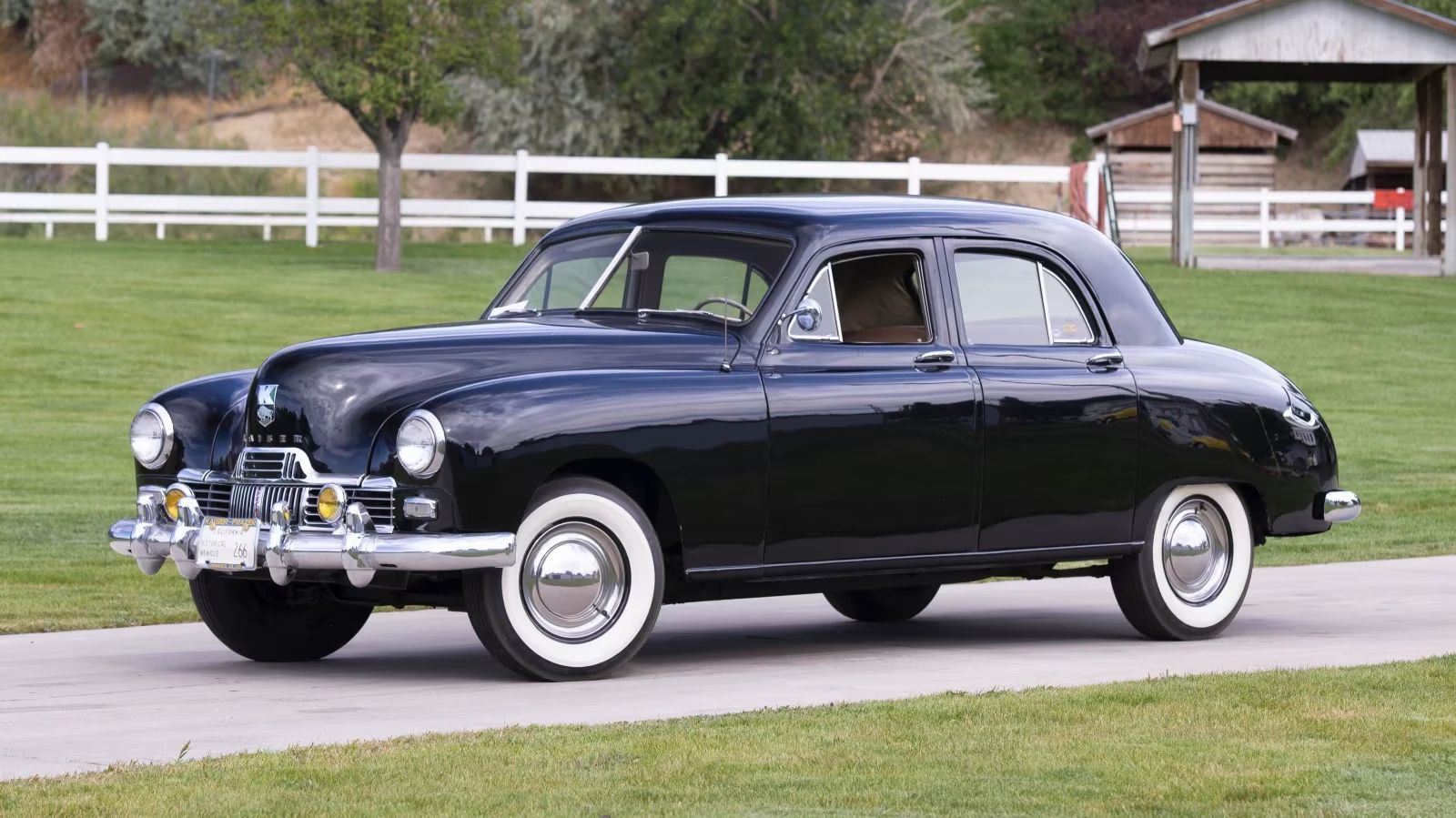 Left front 3q view of a black 1947 Kaiser four-door sedan