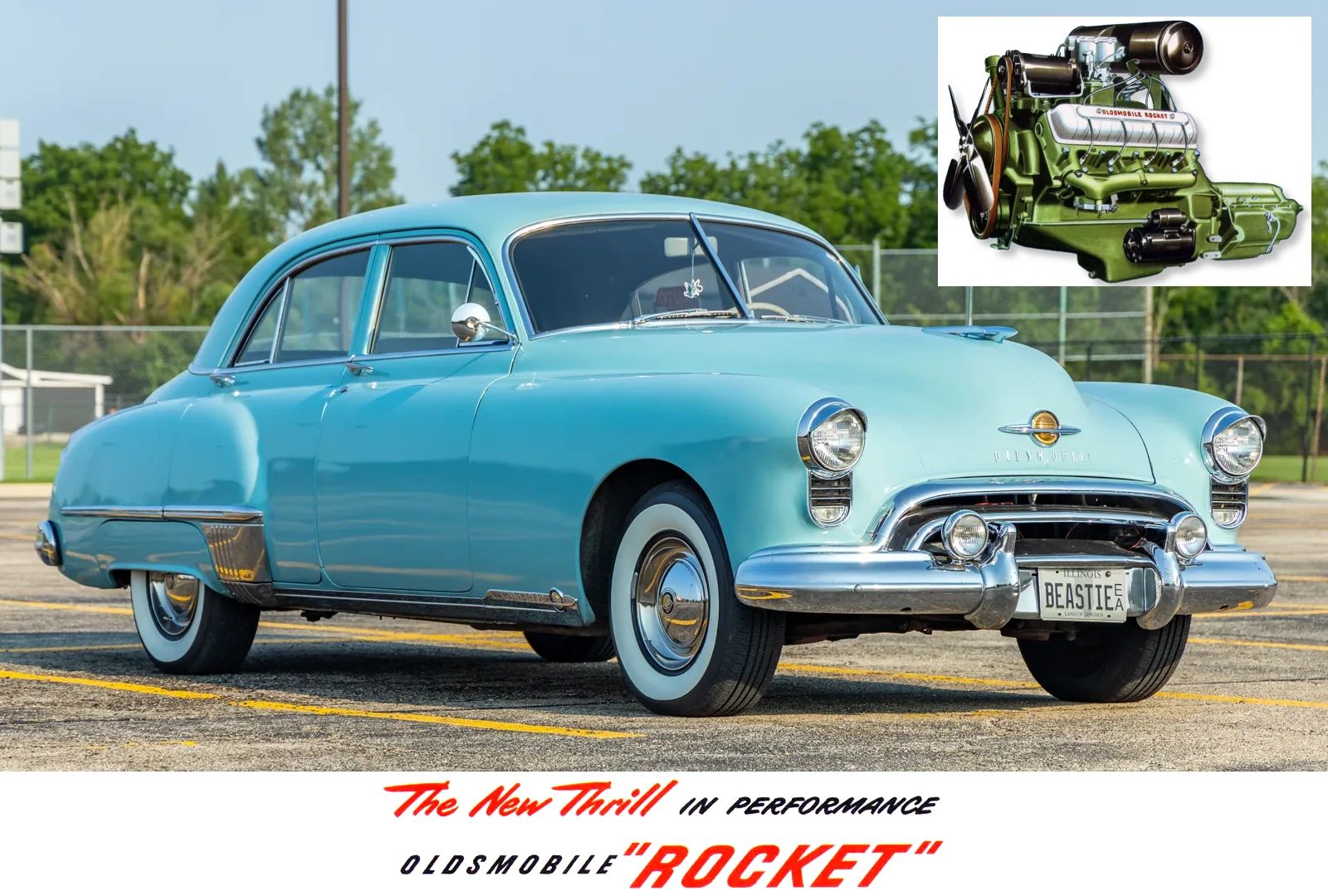 1949 Oldsmobile Rocket V-8 And The Ultra-High-Compression Economy Version That Never Made It 1 Photo showing the right front 3q view of a Crest Blue 1949 Oldsmobile 98 sedan with an inset image of the Rocket V-8 engine and a banner reading "The New Thrill in Performance: Oldsmobile 'Rocket'"