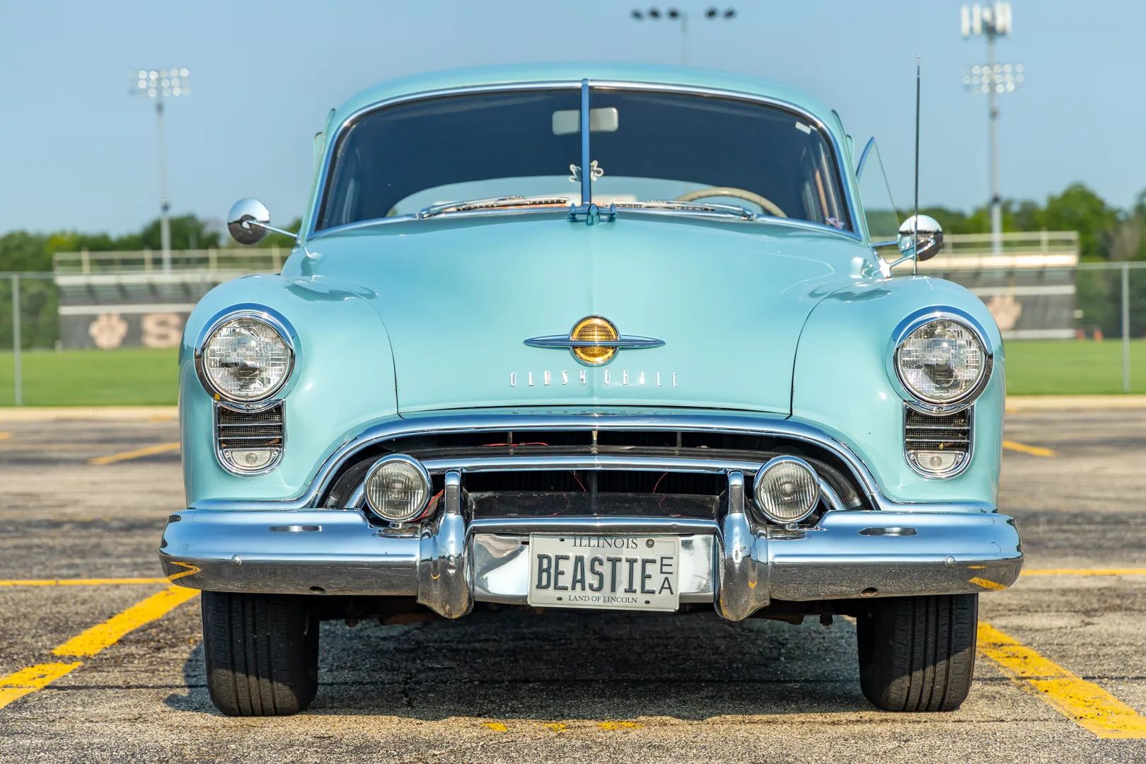 1949 Oldsmobile Rocket V-8 And The Ultra-High-Compression Economy Version That Never Made It 18 Front view of a Crest Blue 1949 Oldsmobile 98 sedan