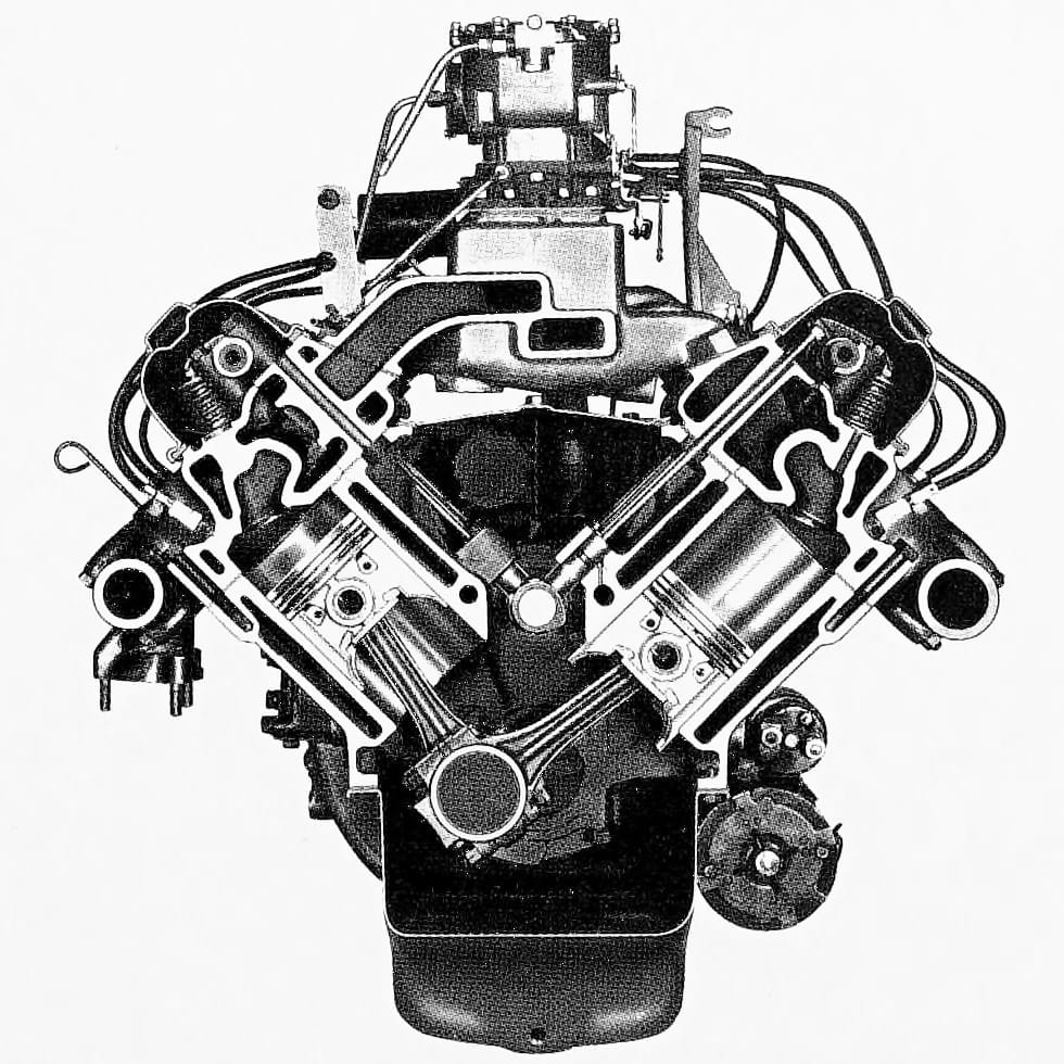 1949 Oldsmobile Rocket V-8 And The Ultra-High-Compression Economy Version That Never Made It 9 B&W cross-section of the 1949 Oldsmobile Rocket V-8, seen from the front