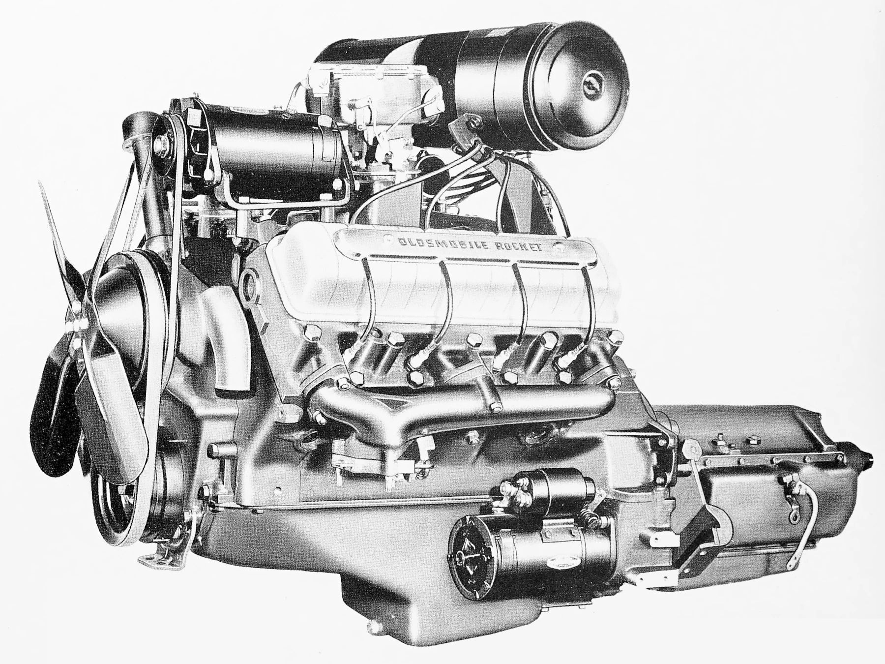 1949 Oldsmobile Rocket V-8 And The Ultra-High-Compression Economy Version That Never Made It 15 B&W illustration of a 1949 Oldsmobile Rocket V-8