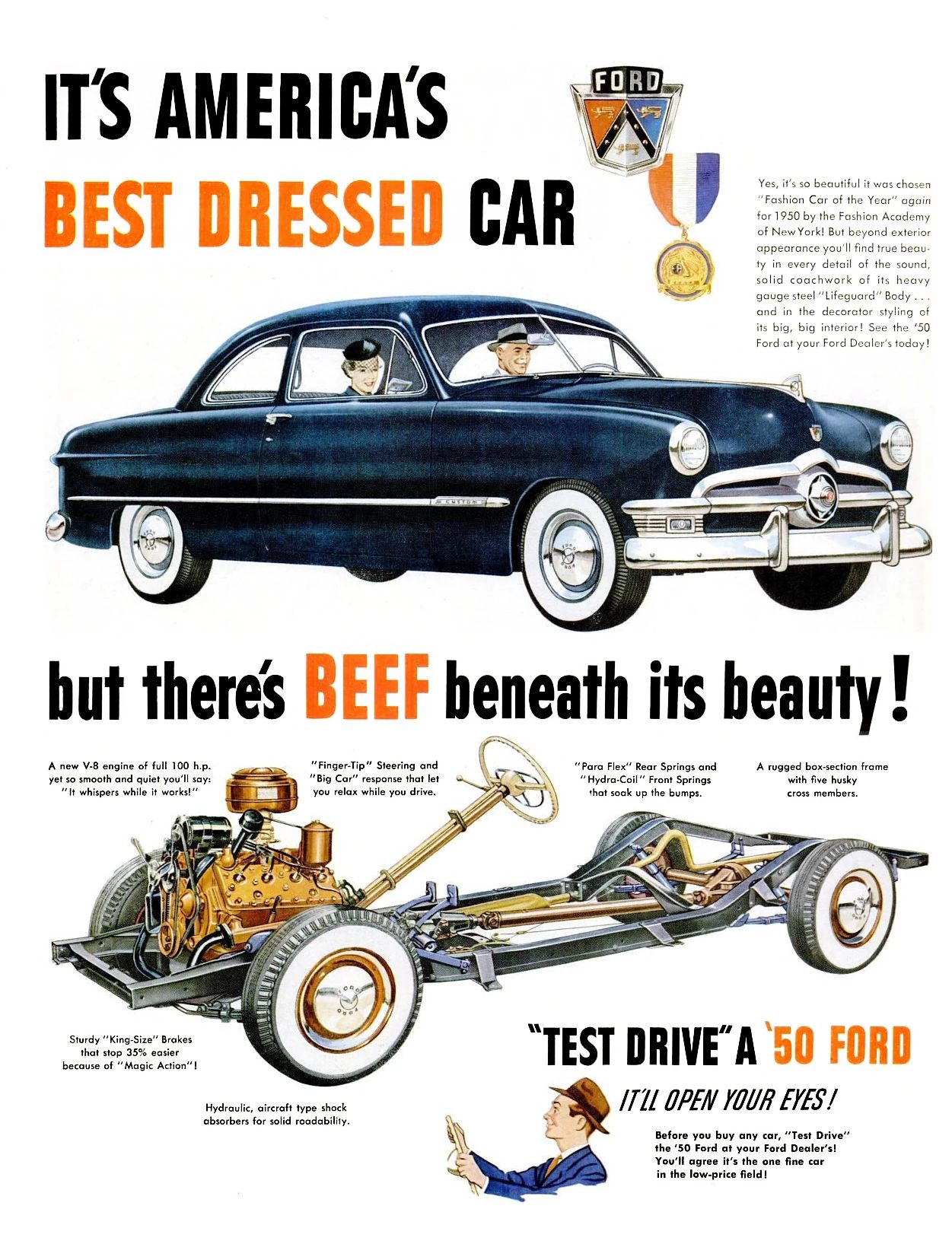 1950 Ford ad proclaiming "It's America's Best Dressed Car but there's BEEF beneath its beauty," noting that it had been named the Fashion Academy's Fashion Car of the Year for 1950
