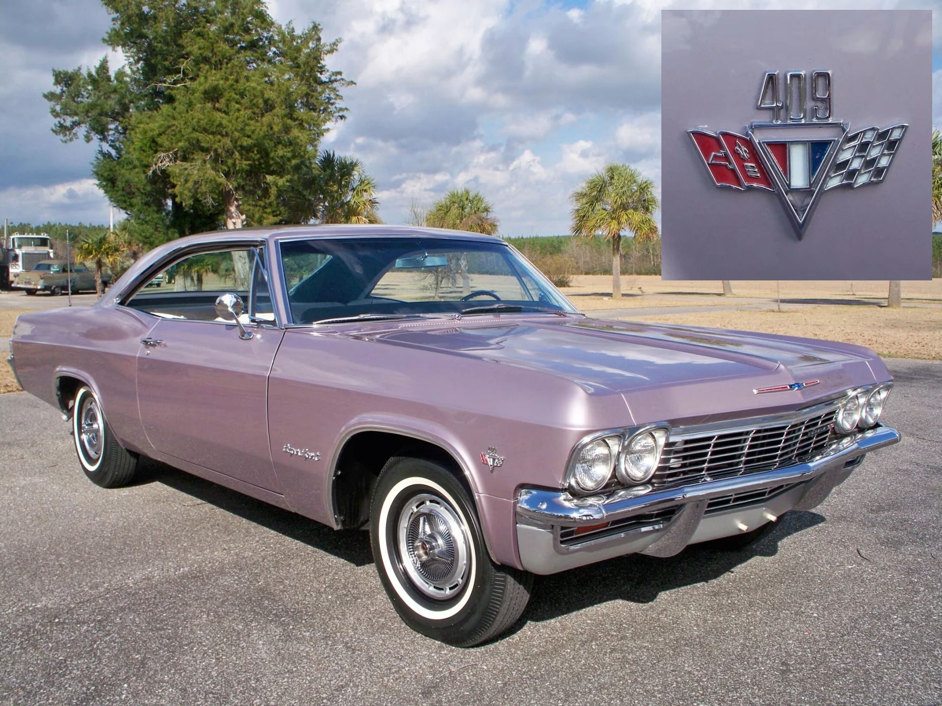 1965 Chevrolet Impala SS 409 4-Speed: In The Cool, Cool, Cool Of The Evening Orchid 1 Right front 3q view of an Evening Orchid 1965 Chevrolet Impala Super Sport with an inset showing its 409 badge