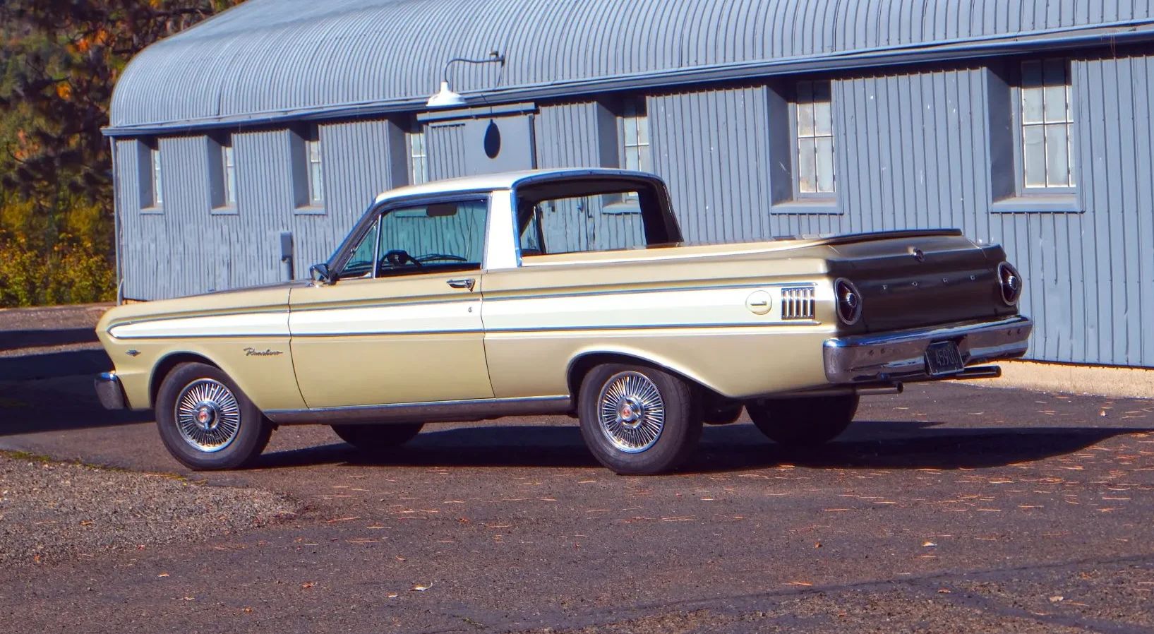 1965 Ford Falcon Ranchero Deluxe For Sale: Rare 289 Four-Barrel/Four-Speed Combination 6 View of driver's side of gold and white 1965 Ford Falcon Ranchero