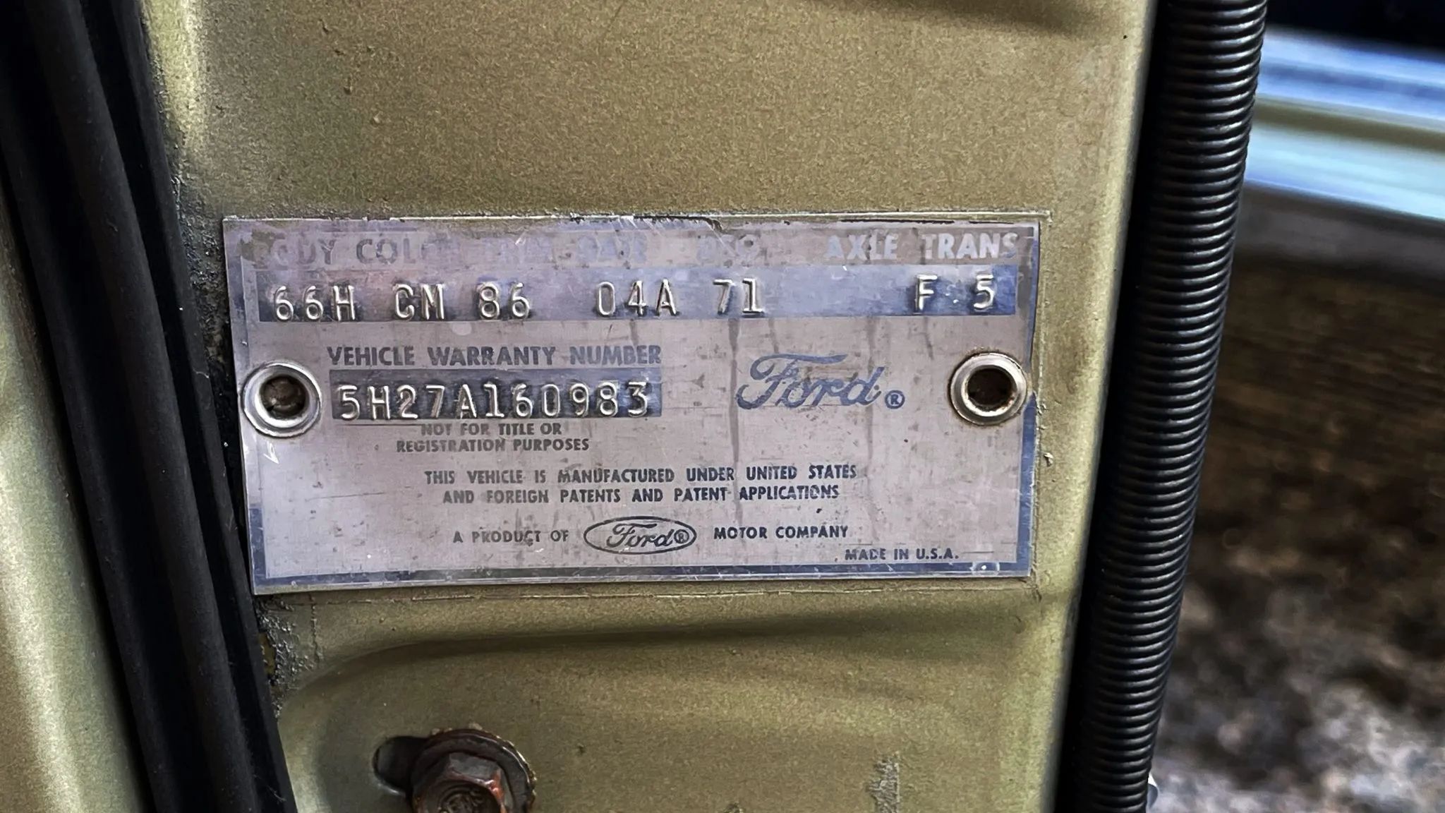 1965 Ford Falcon Ranchero Deluxe For Sale: Rare 289 Four-Barrel/Four-Speed Combination 2 Picture of door tag from gold 1965 Ford Falcon Ranchero