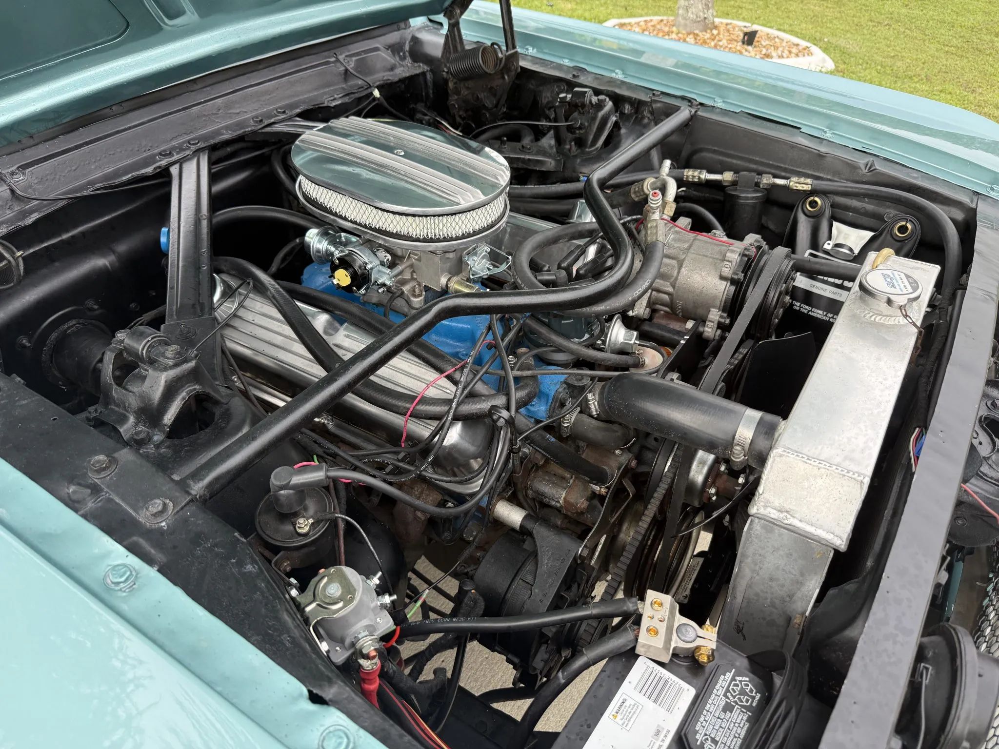 1966 Ford Mustang Limousine Conversion And A Possible (New) Mustang Sedan: Stretching An Idea Too Far 15 289 V-8 with an aftermarket air cleaner and valve covers in a 1966 Mustang with a Monte Carlo brace between the spring towers