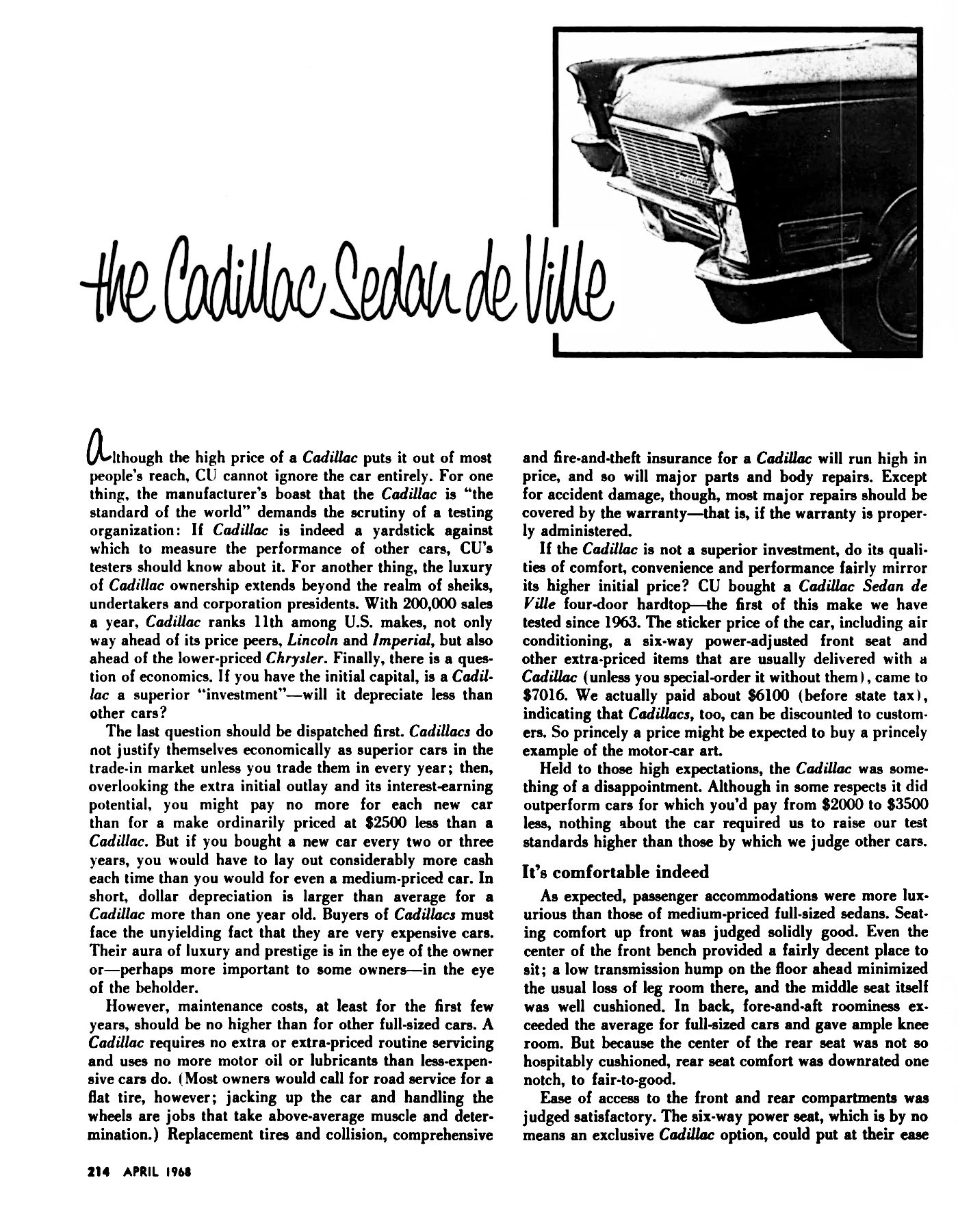 Consumer Reports, April 1968, page 214, first page of Cadillac Sedan de Ville review