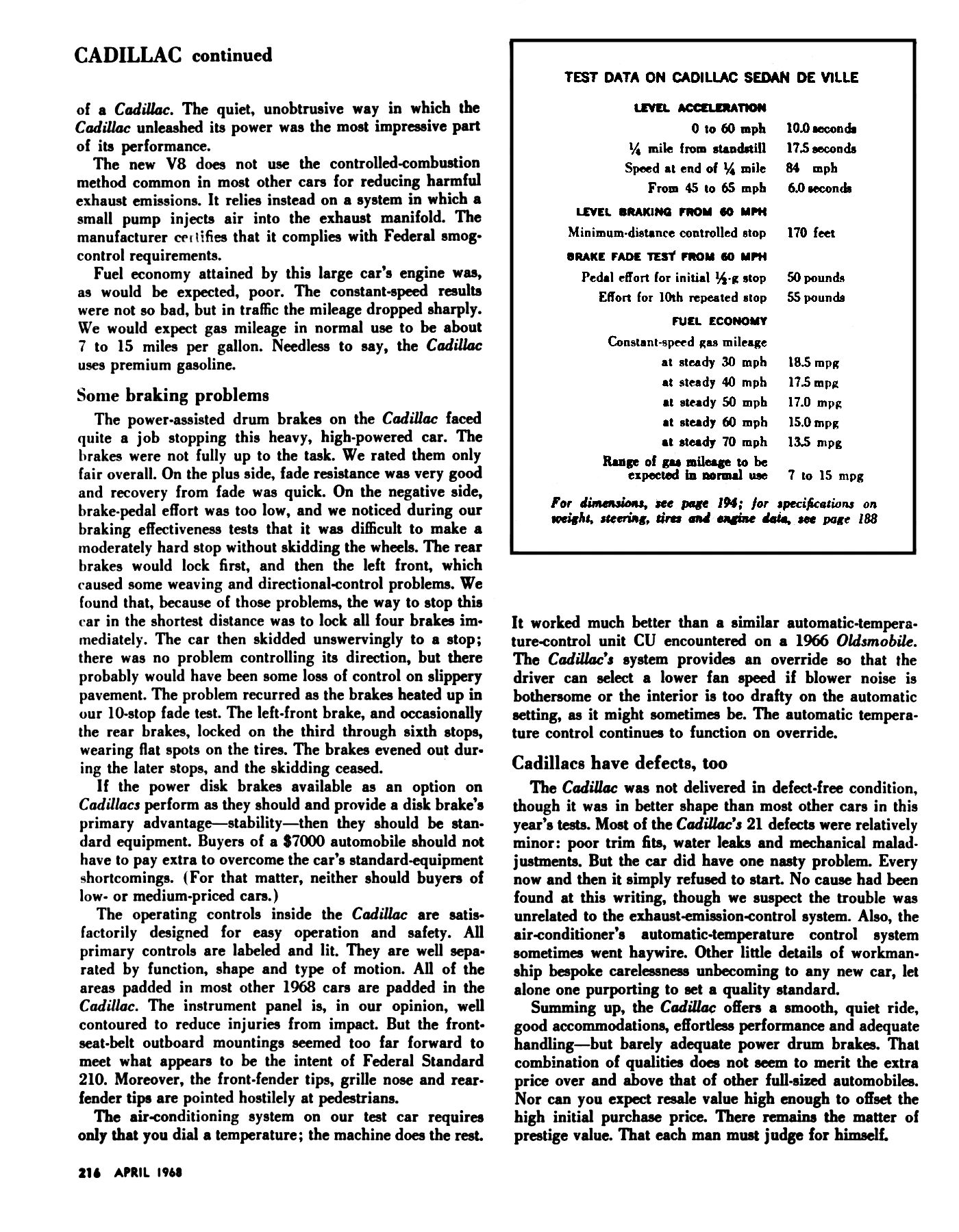 Consumer Reports, April 1968, page 216, final page of Cadillac Sedan de Ville review