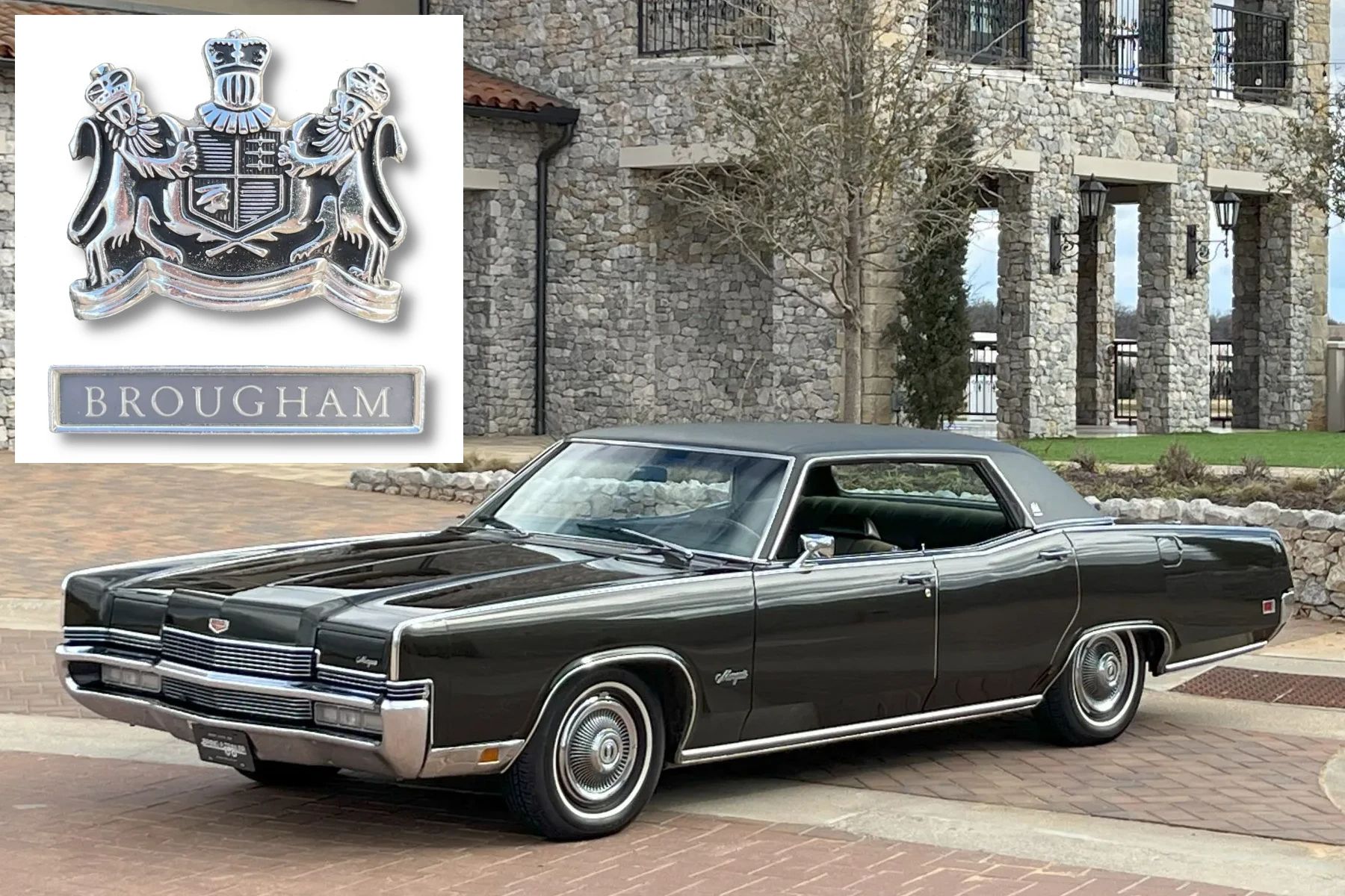 1970 Mercury Marquis Brougham Four-Door Hardtop: The Budget Continental 1 Left front 3q view of a Dark Ivy Green 1970 Mercury Marquis Brougham four-door hardtop with an inset showing the "Brougham" badge