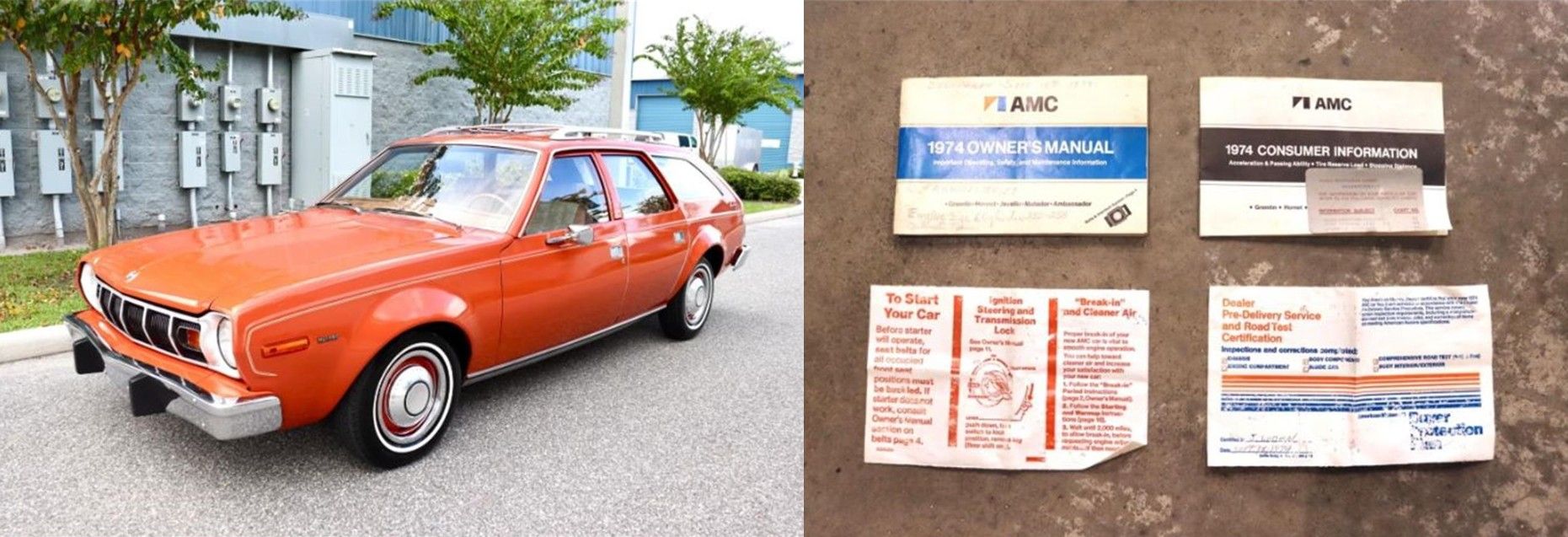 Driver's front three-quarter view of orange 1974 AMC Hornet Sportabout beside original factory manuals