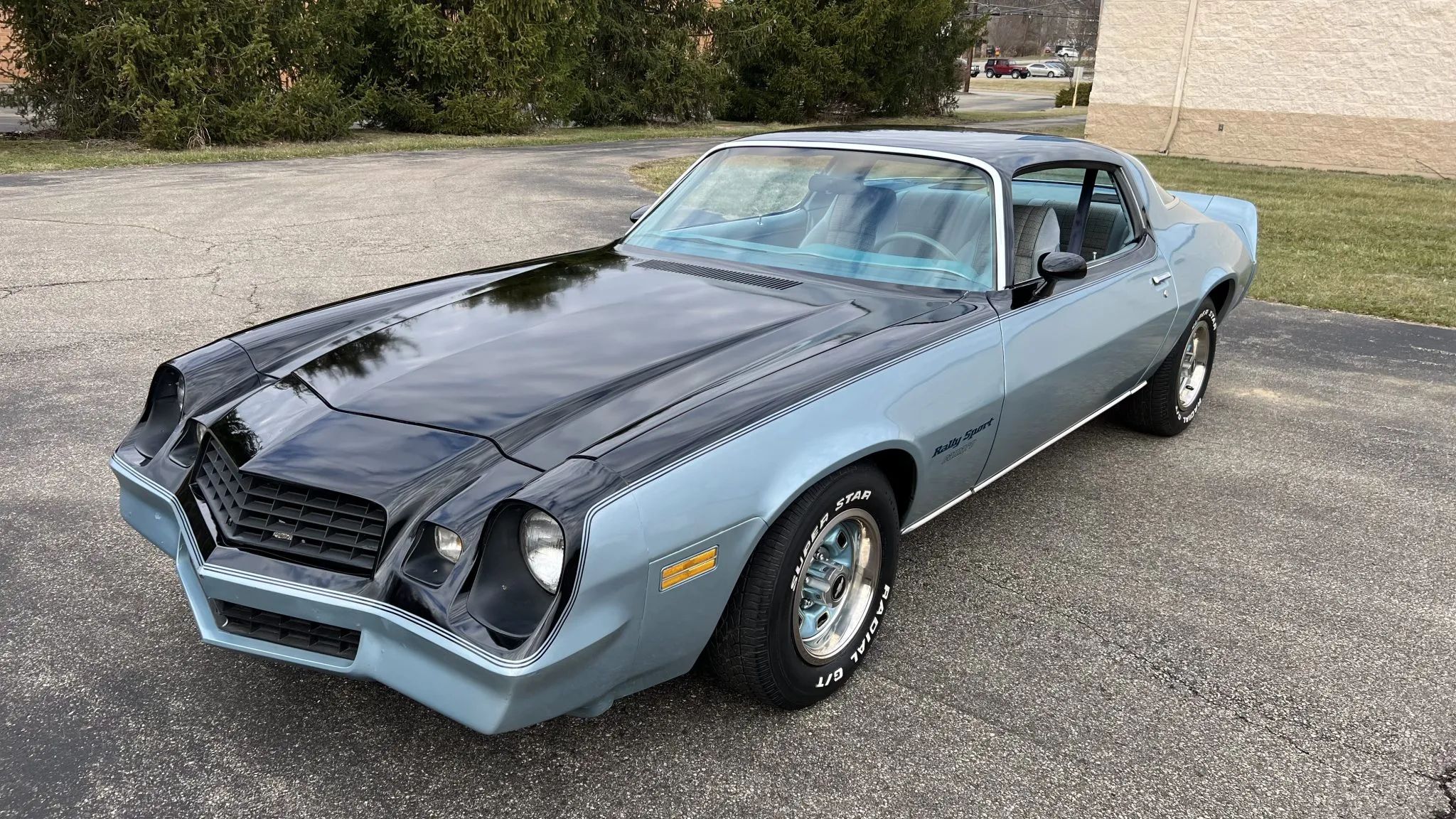 Left front 3q view of a Bright Blue 1978 Chevrolet Camaro RS