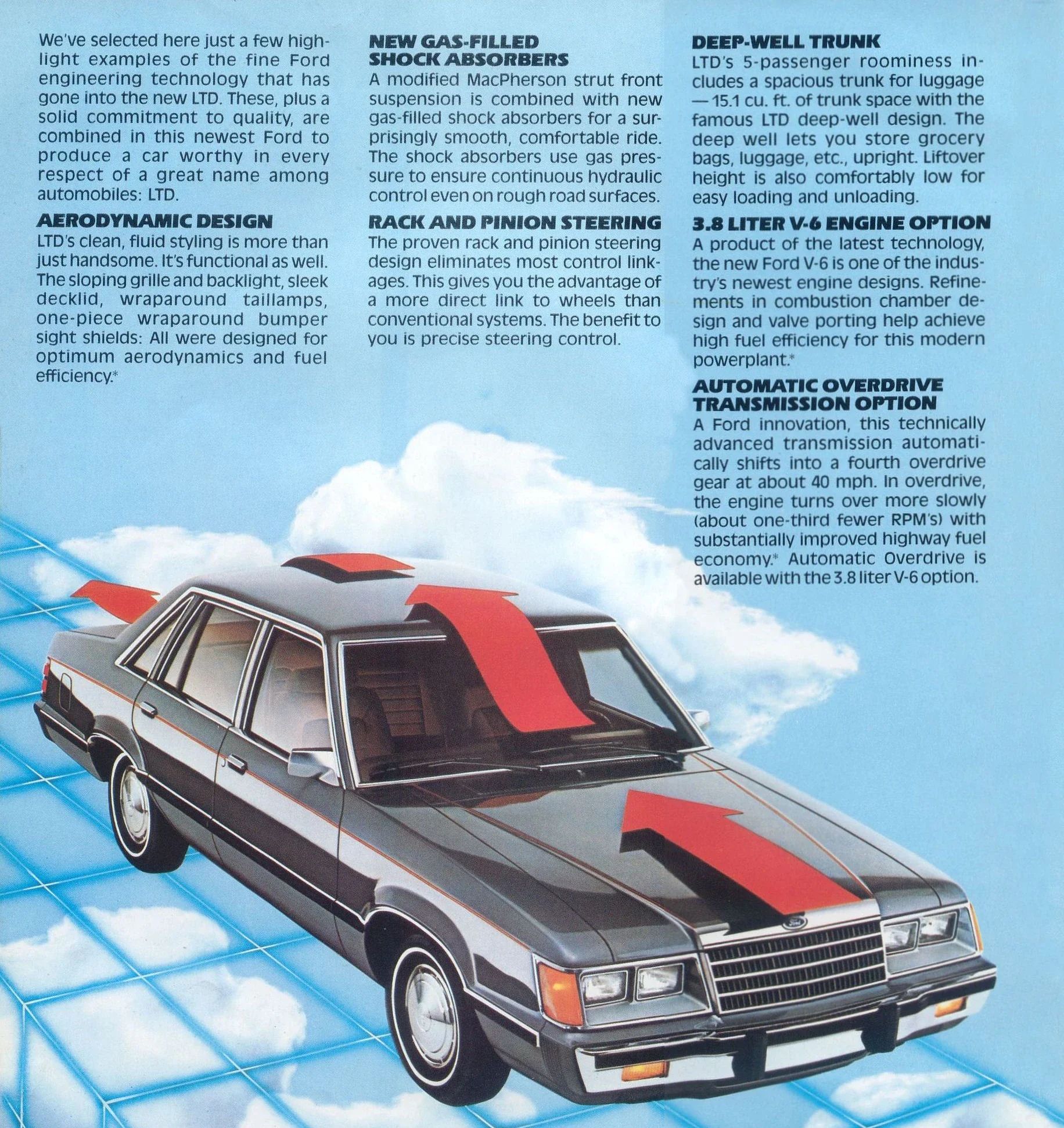 Page from a 1983 Ford LTD brochure, showing a stylized illustration of the car in a wind tunnel