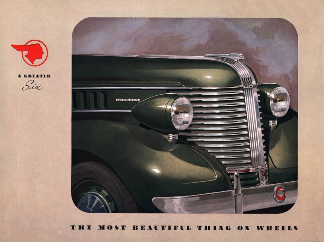 1938 Pontiac Deluxe Six Touring Sedan: Motoring The Way It Used To Be 2 Brochure image of green 1938 Pontiac Six